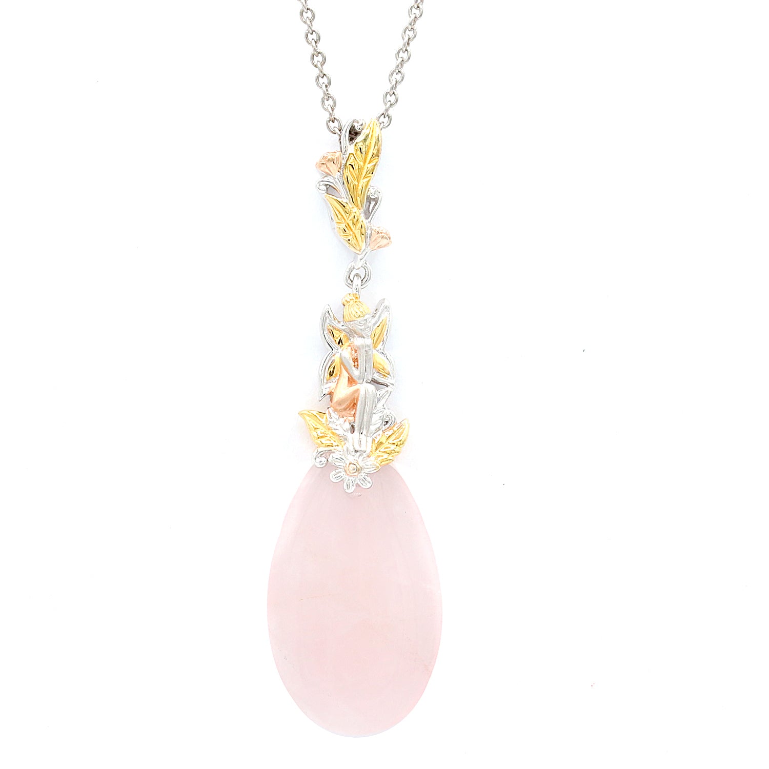 Gems en Vogue Rose Quartz Fairy & Flower Drop Pendant