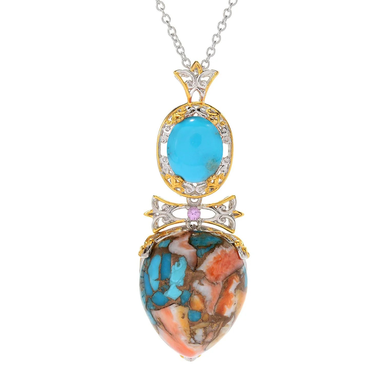 Gems en Vogue Spiny Oyster Turquoise Kingman Turquoise & Pink Sapphire Pendant