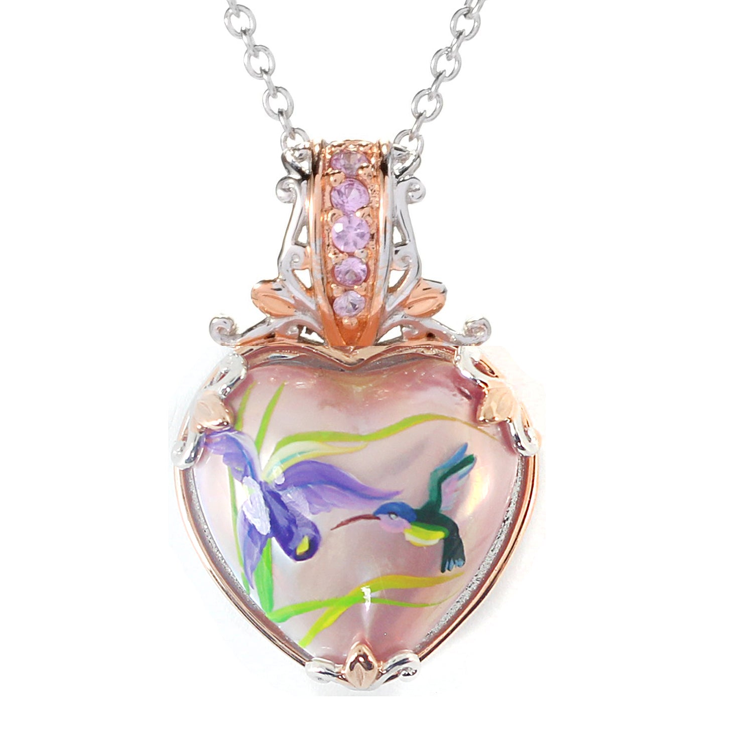 Gems en Vogue Heart Pink Painted Shell & Choice of Gemstone Hummingbird & Orchard Flower Pendant