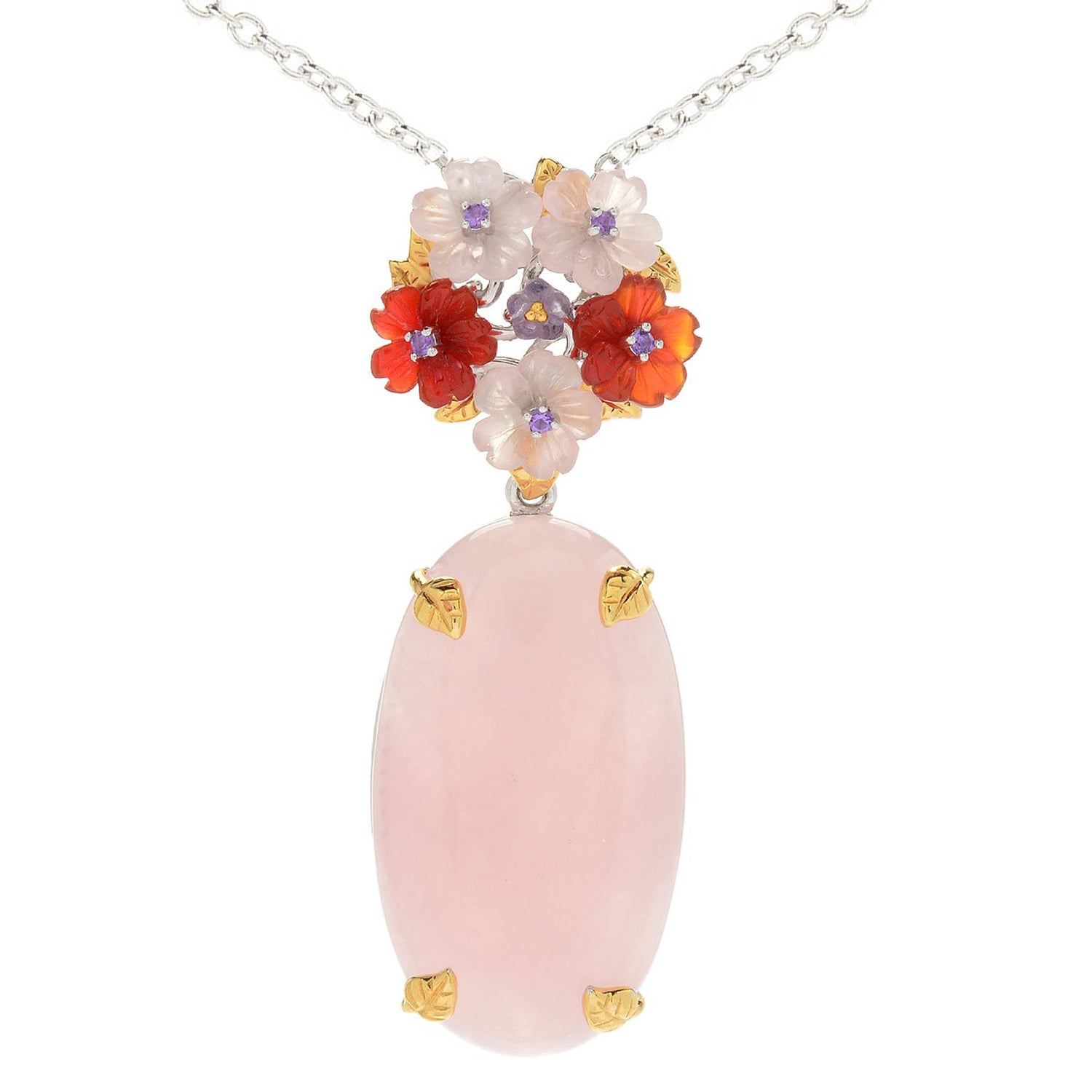 Gems en Vogue Rose Quartz & Multi Gemstones Carved Flower Pendant