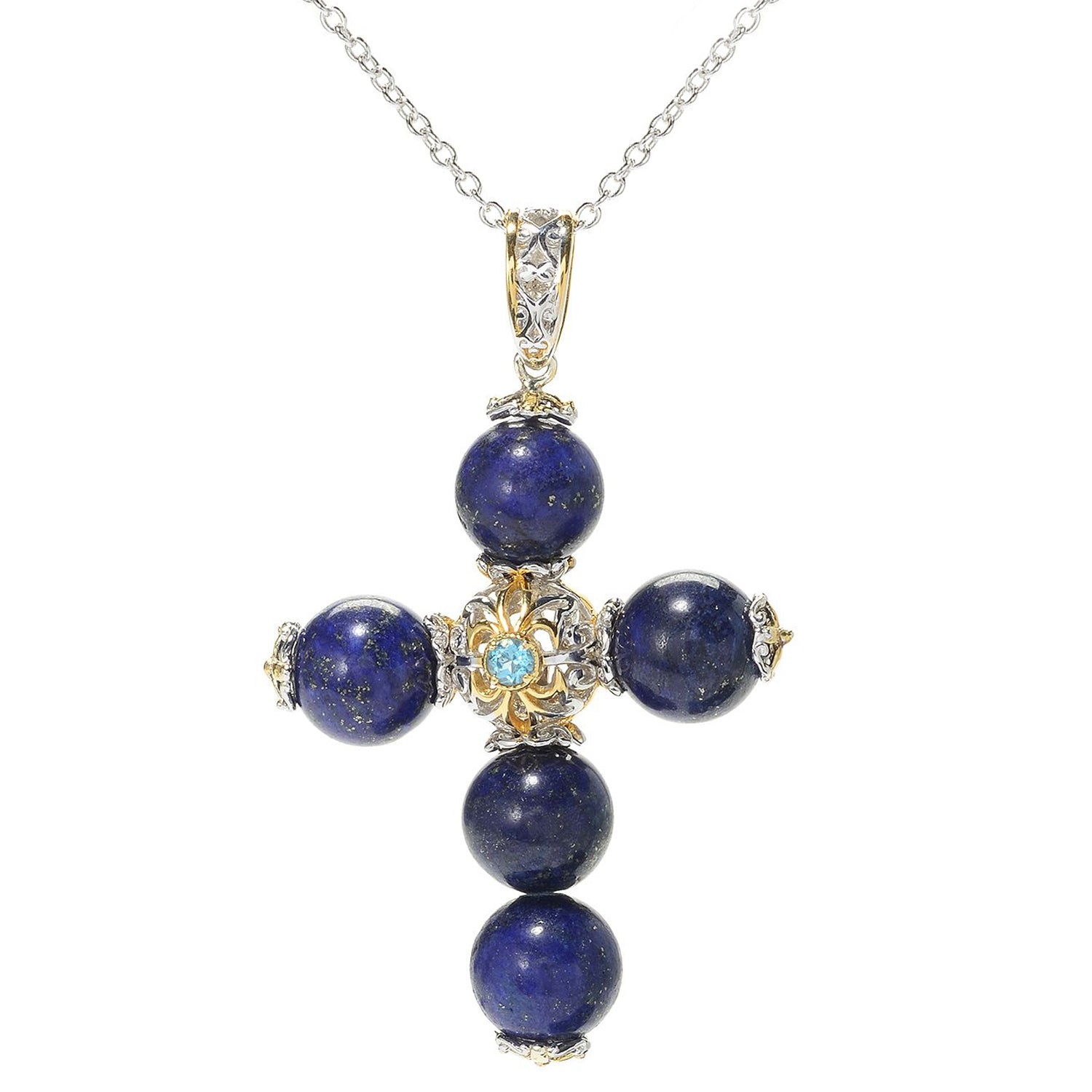 Gems en Vogue 24K Palladium Silver Lapis & Blue Topaz Cross Pendant