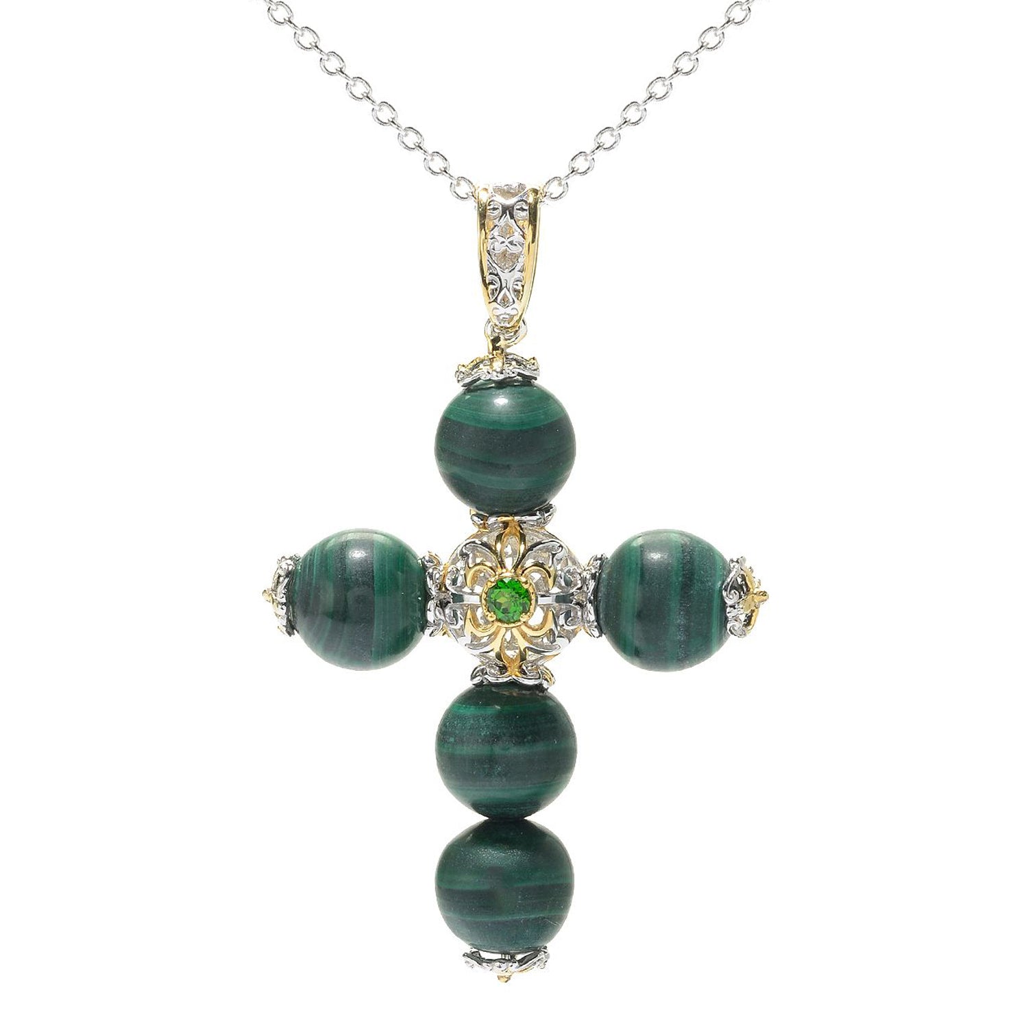 Gems en Vogue 24K Palladium Silver Malachite & Chrome Diopside Cross Pendant