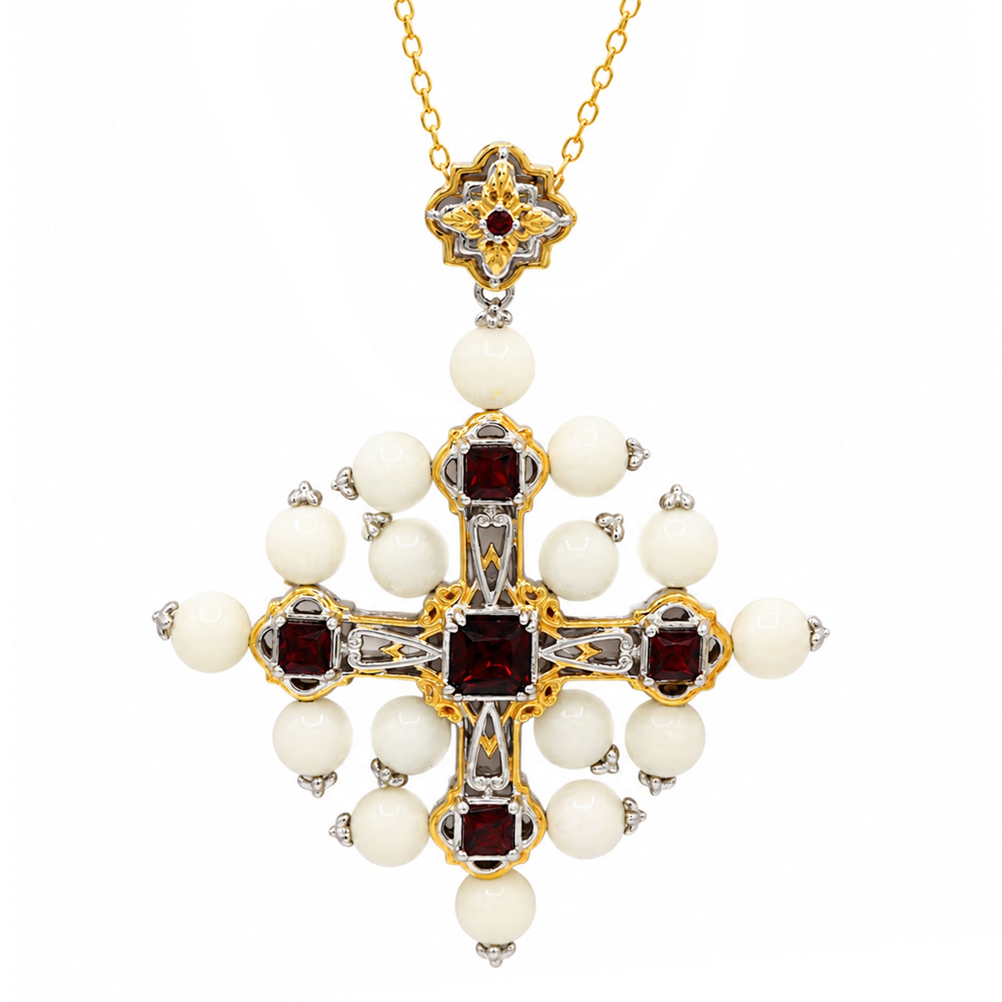 Gems en Vogue 24K Palladium Silver Garnet & White Coral Bead Cross Pendant