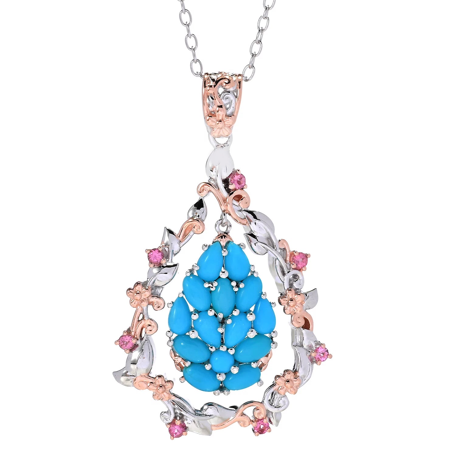 Gems en Vogue Sleeping Beauty Turquoise & Pink Tourmaline Flower & Leaves Pendant