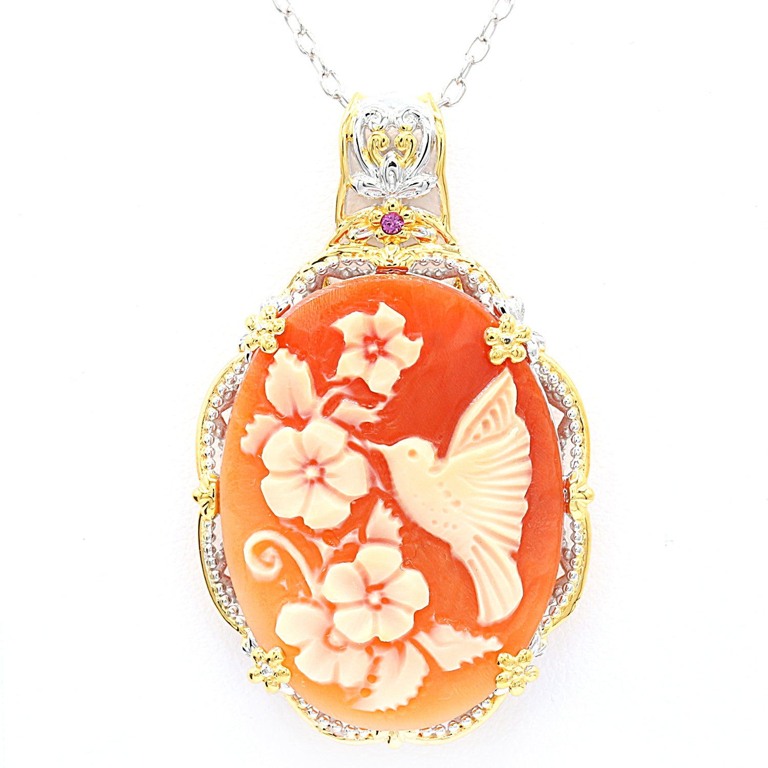 Gems en Vogue 24K Palladium Silver Carved Cameo & Rhodolite Hummingbird Flower Pendant
