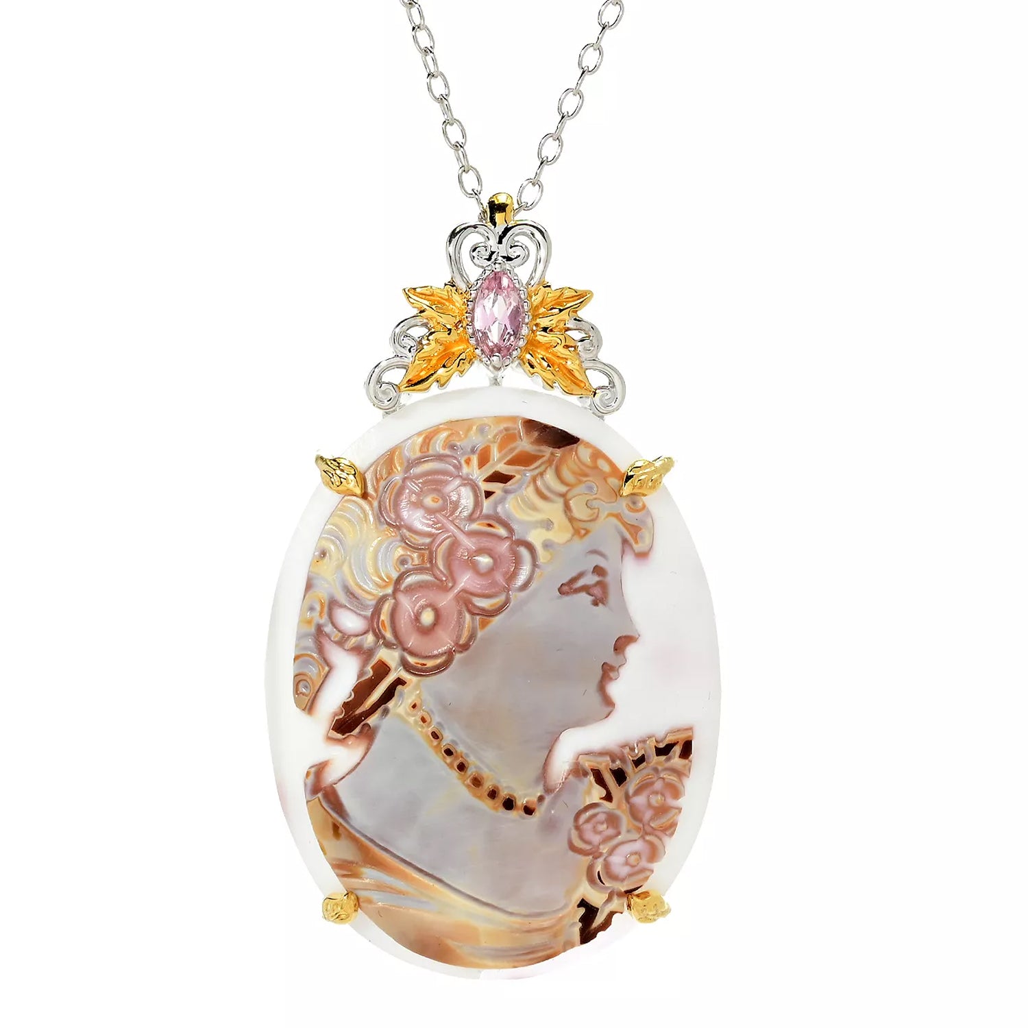 Gems en Vogue Tiger Shell Cameo & Pink Tourmaline Lady Pendant