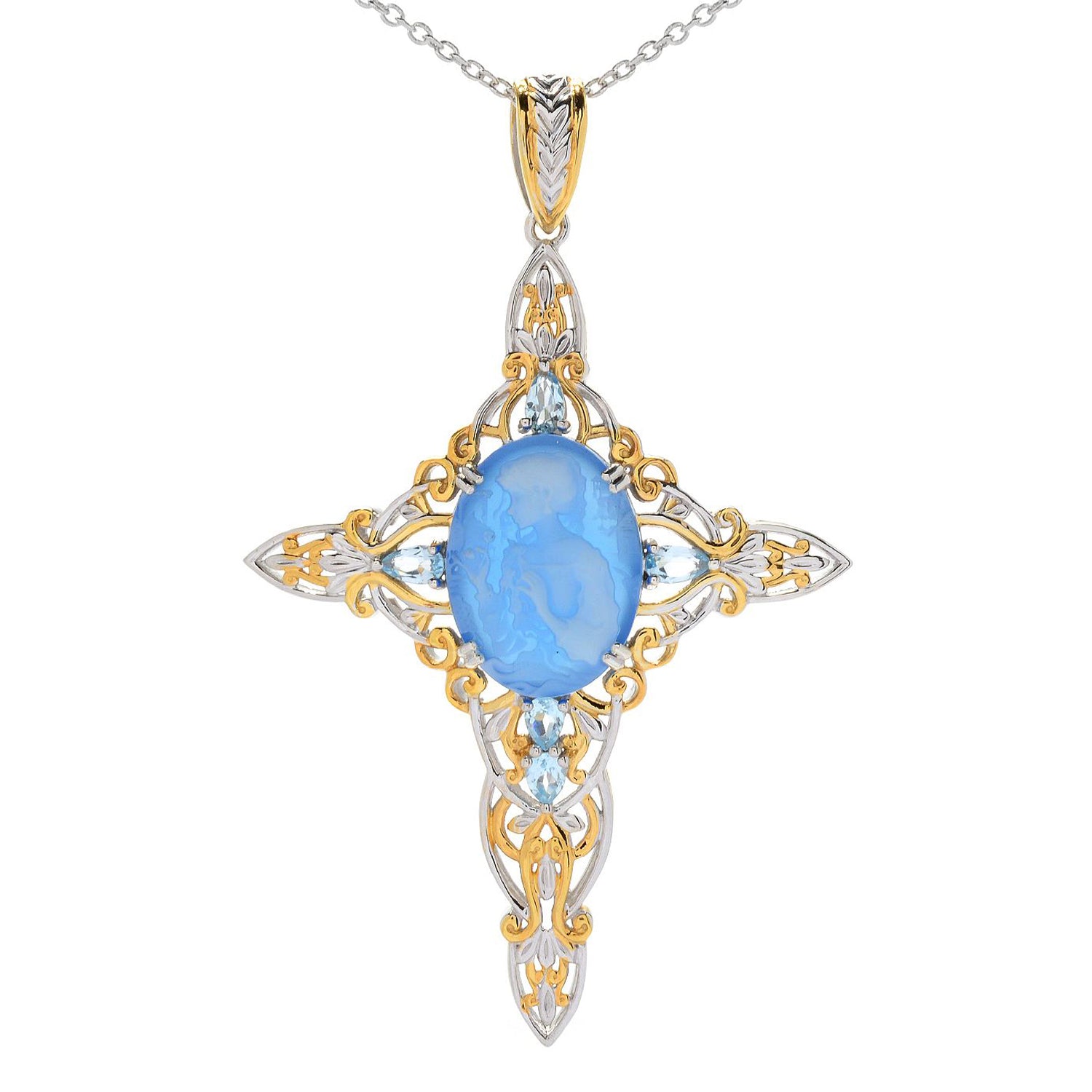 Gems en Vogue 5.40ctw Blue Agate Cameo & Sky Blue Topaz Cross Pendant