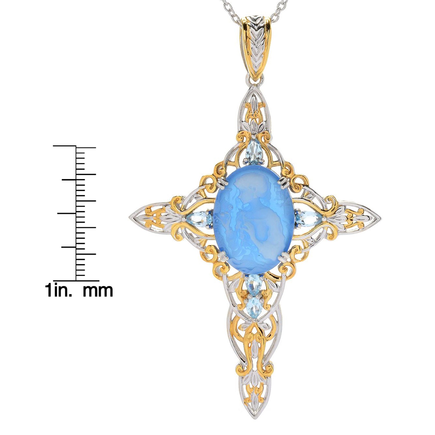 Gems en Vogue 5.40ctw Blue Agate Cameo & Sky Blue Topaz Cross Pendant