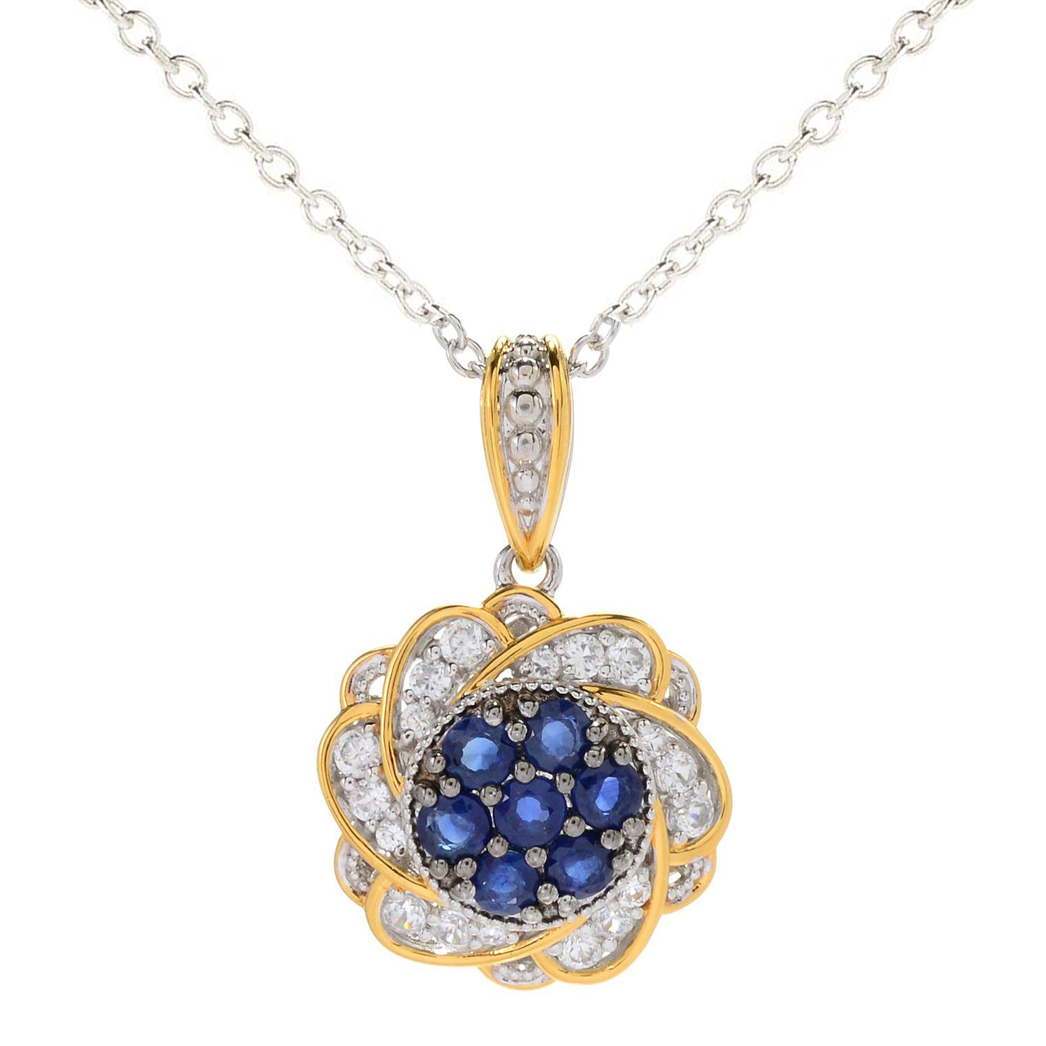 Gems en Vogue 1.72ctw Royal Blue Sapphire & White Zircon Cluster Flower Pendant