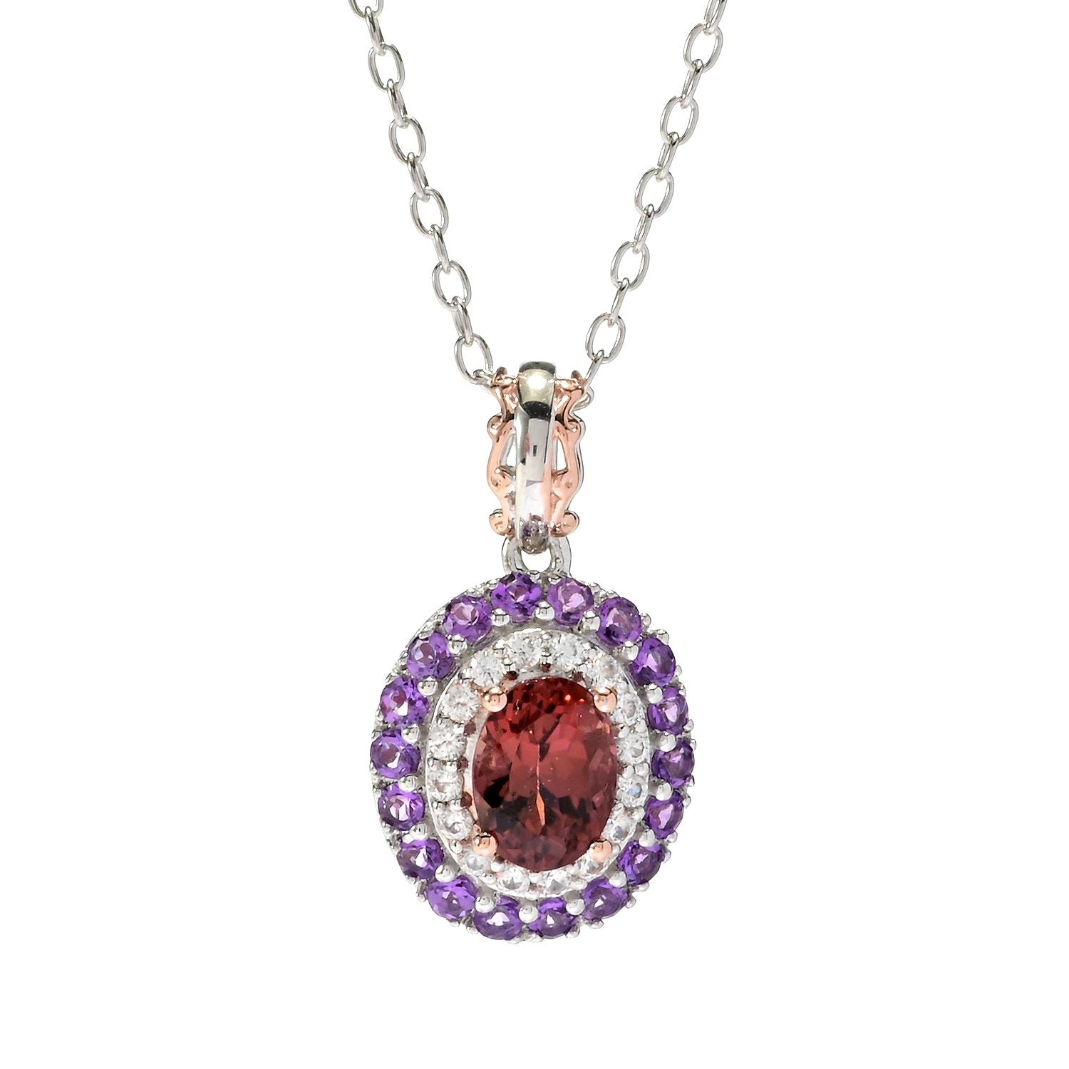 Gems en Vogue 2.00ctw Fire Opal, African Amethyst & White Zircon Double Halo Pendant