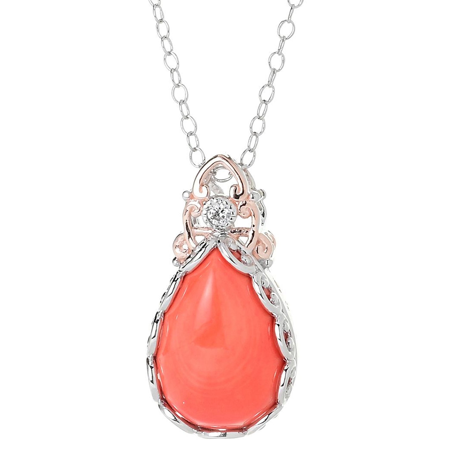 Gems en Vogue Pear Shape Salmon Coral & White Zircon Pendant