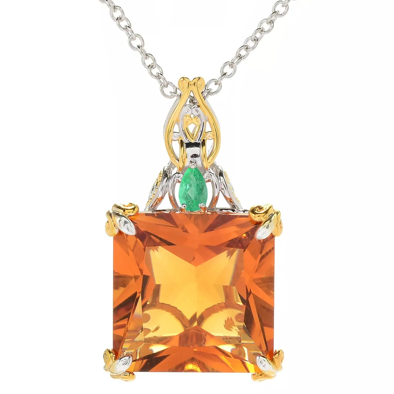 Gems en Vogue 17.37ctw Princess Cut Bolivian Citrine & Emerald Pendant