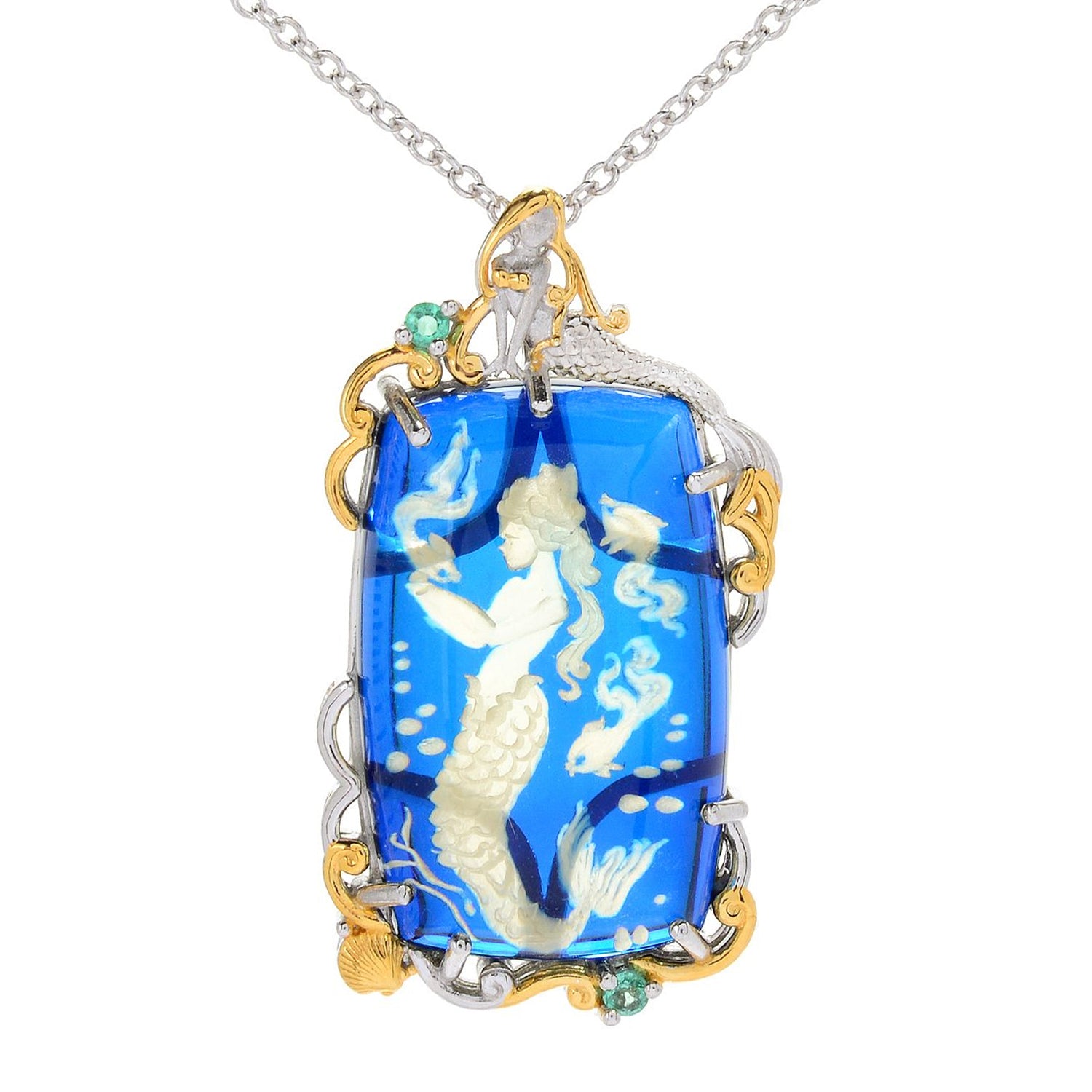 Gems en Vogue Carved Blue Amber & Emerald Mermaid Pendant