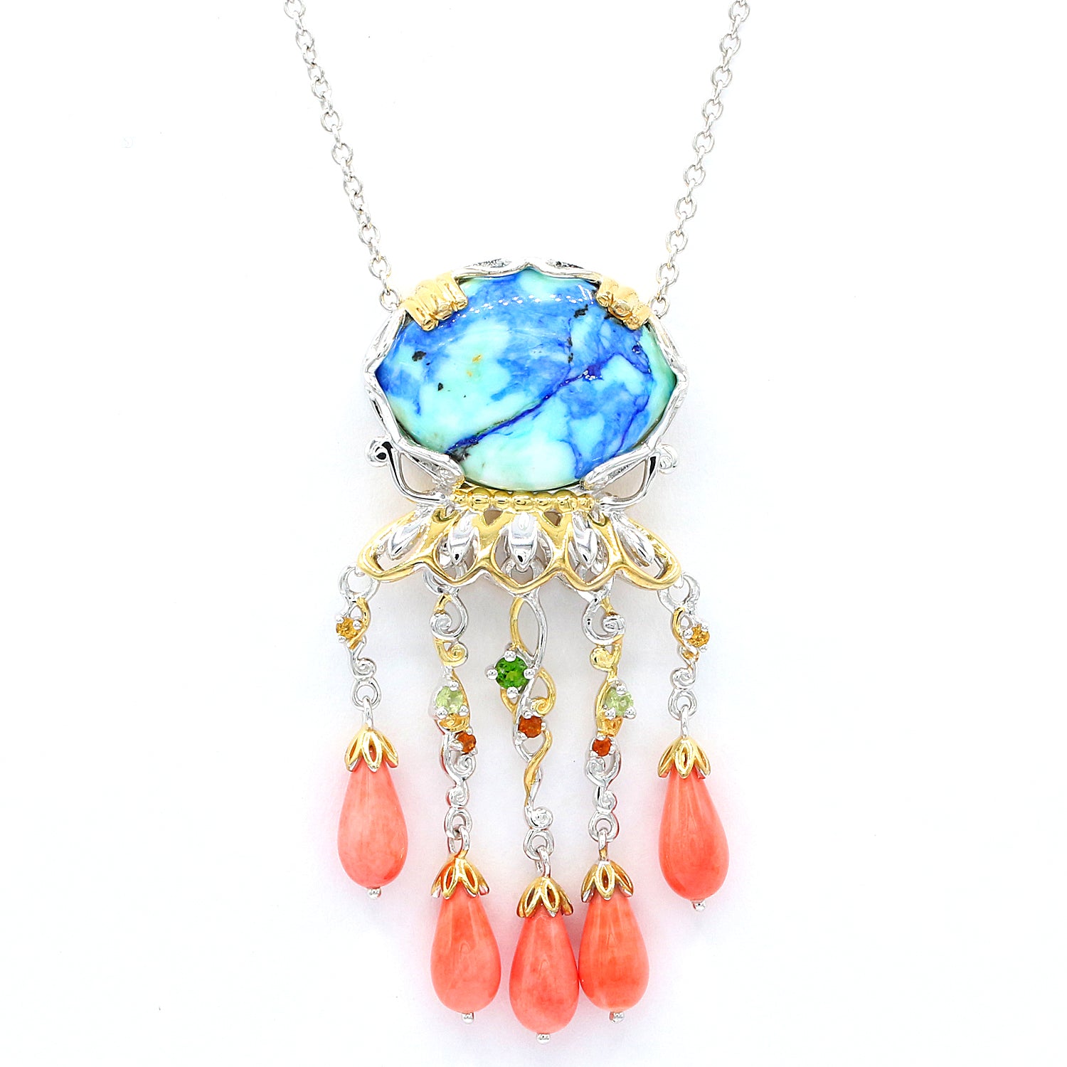 Gems en Vogue Azurite Turquoise, Salmon Coral & Multi Gemstones Jelly Fish Drop Pendant