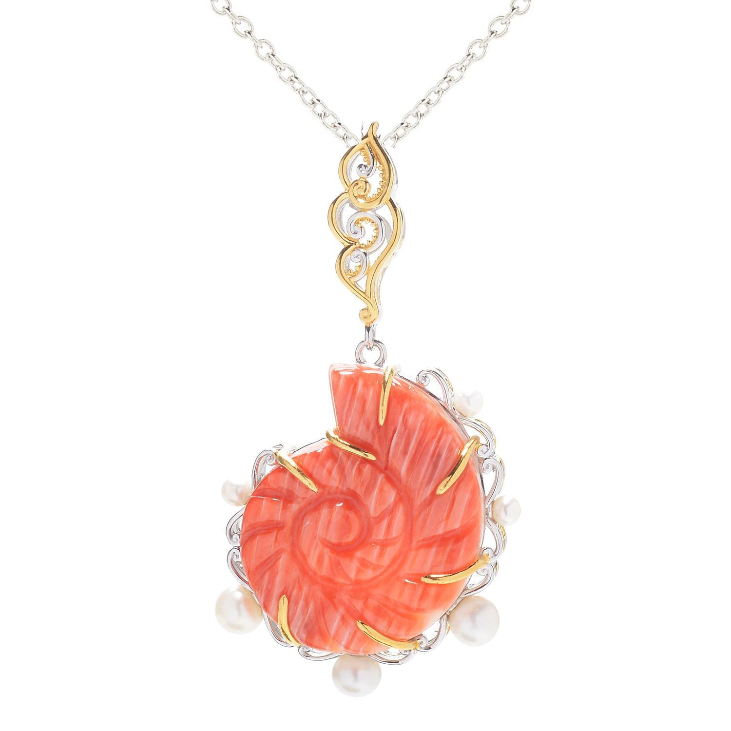 Gems en Vogue Orange Spiny Oyster & White Cultured Pearl Pendent