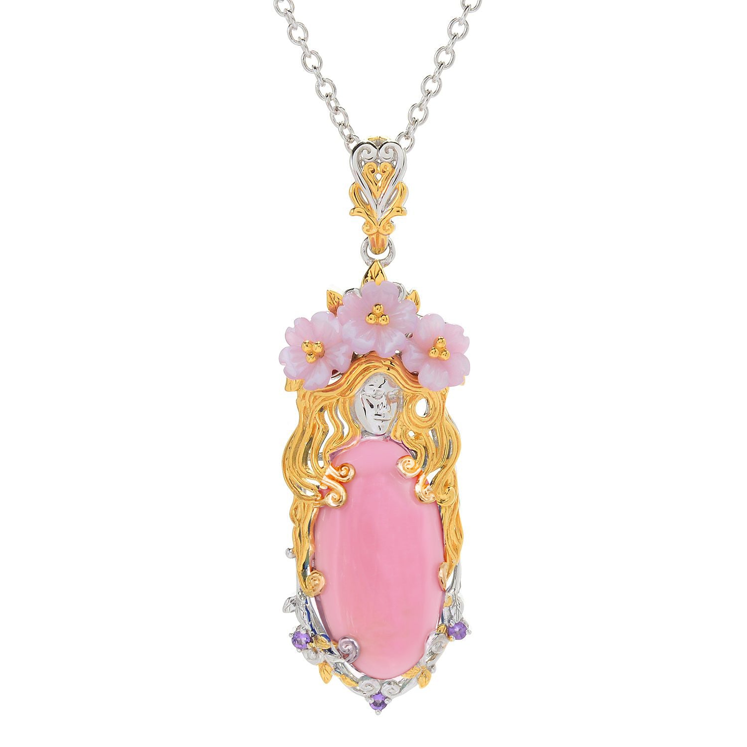 Gems en Vogue Pink Conch Shell, Purple Shell & Amethyst Goddess & Flower Pendant