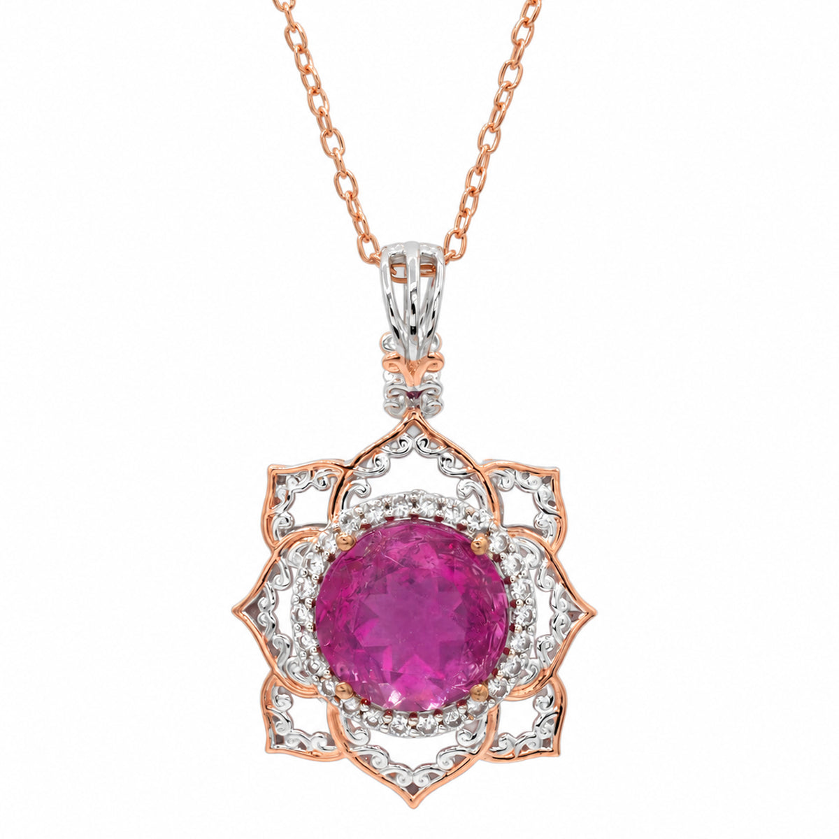 Gems en Vogue One-of-a-Kind 18K Palladium Silver 7.95ctw Pink Fluorite & White Zircon Flower Pendant