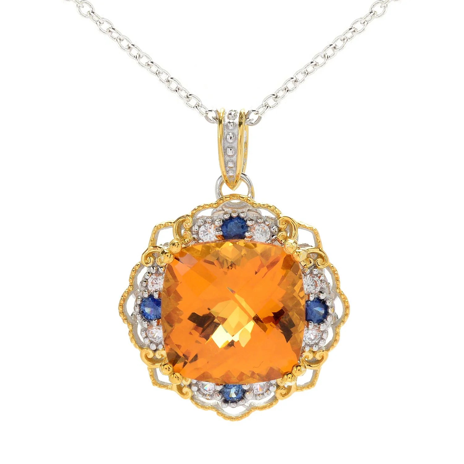 Gems en Vogue 11.12ctw Bolivian Fire Citrine Blue Sapphire & White Zircon Pendant