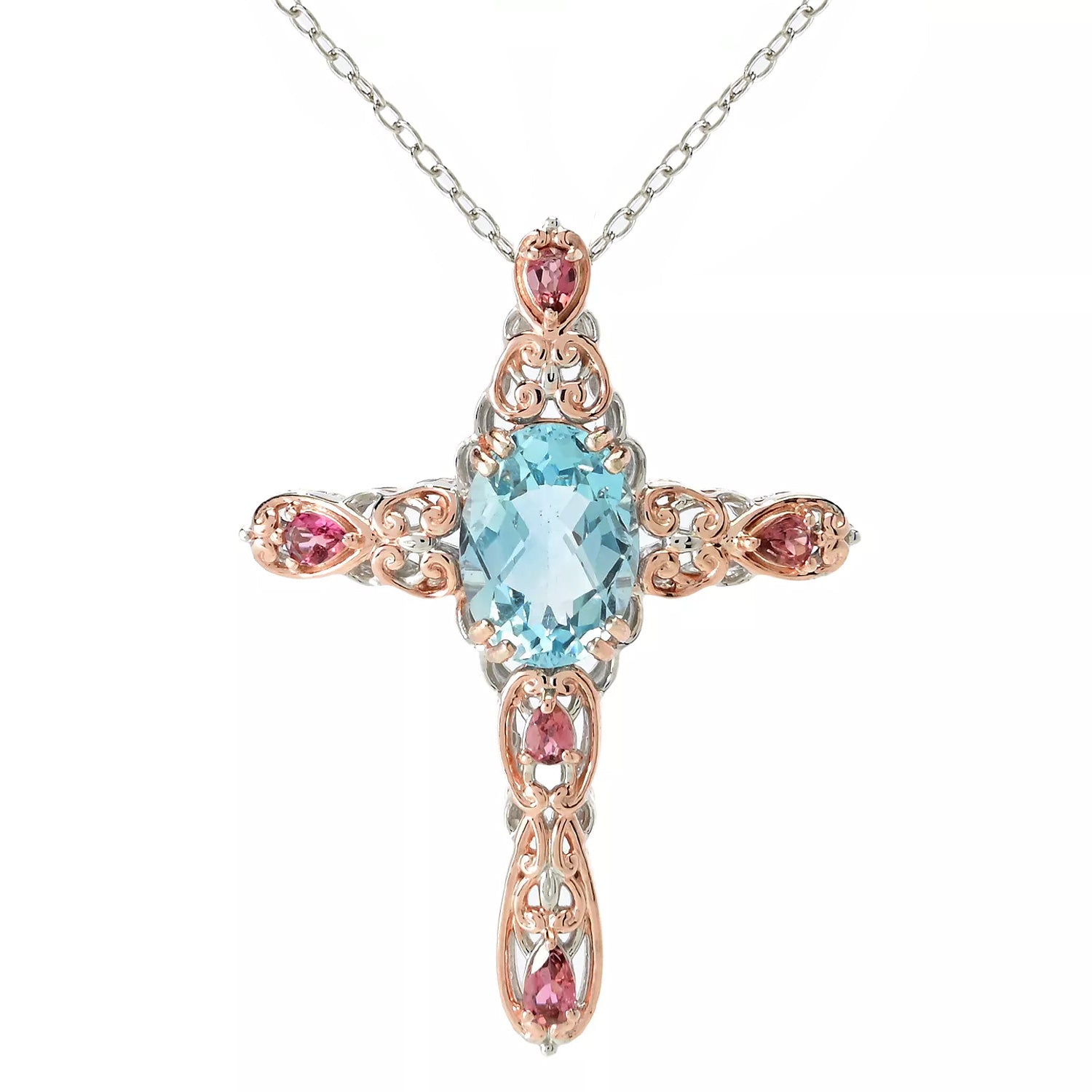 Gems en Vogue 8.55ctw Sky Blue Topaz & Pink Tourmaline Cross Pendant
