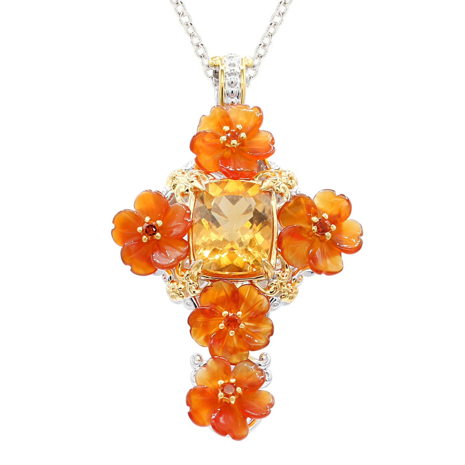 Gems en Vogue 3.85ctw Golden Citrine & Carnelian Flower Cross Pendant