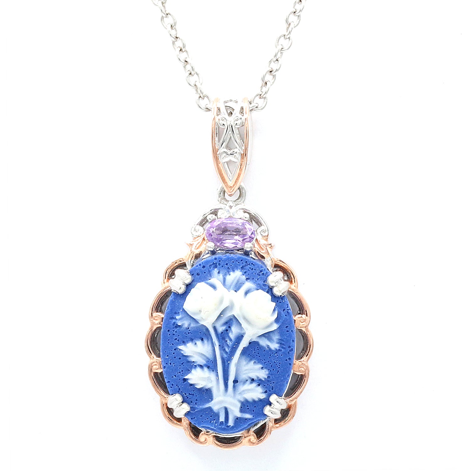Gems en Vogue One-of-a-kind Blue Agate Cameo & Brazilian Amethyst Flower Pendant