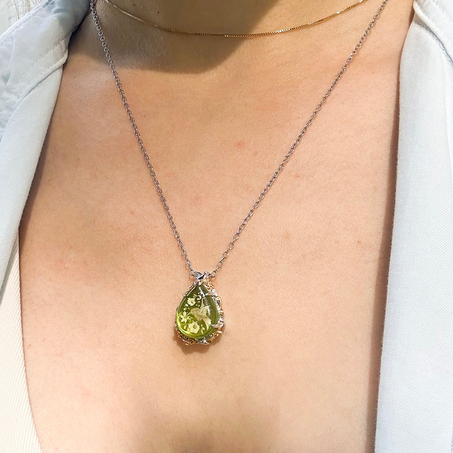Gems en Vogue Carved Green Amber Hummingbird Pendant