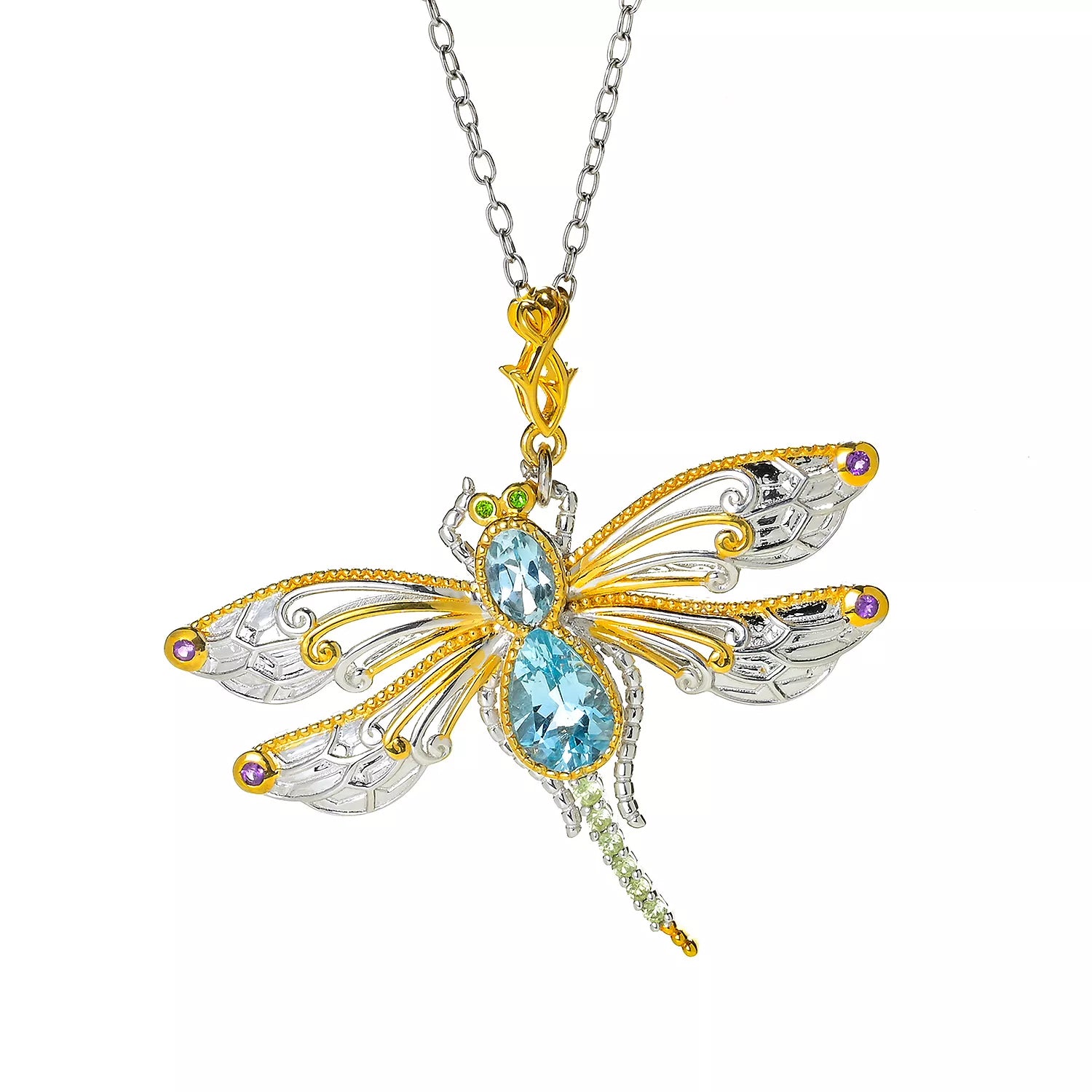 Gems en Vogue 24K Palladium Silver 1.92ctw Aquamarine & Multi Gemstones Dragonfly Pendant