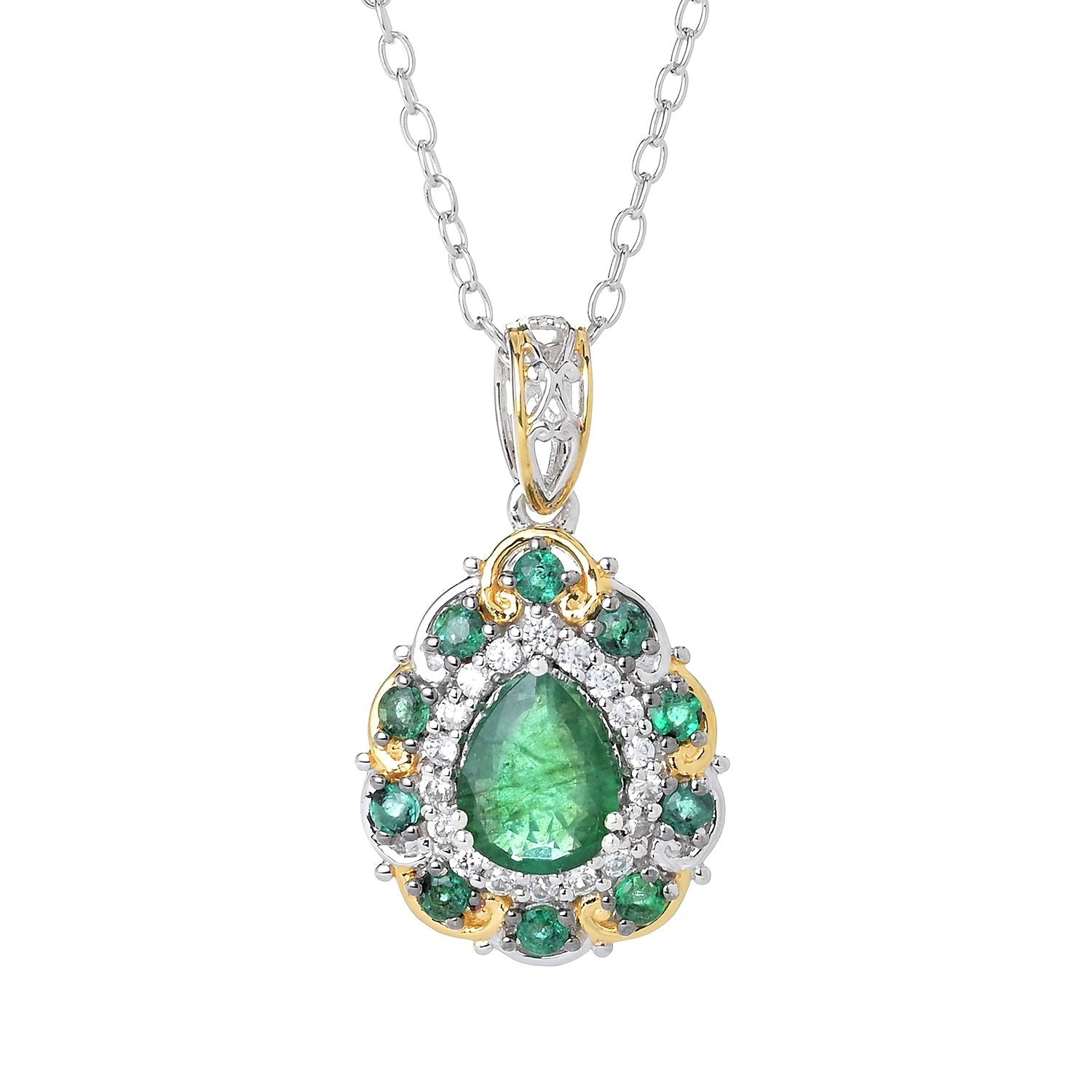 Gems en Vogue 2.58ctw Pearshaped Grizzly Emerald & White Zircon Pendant