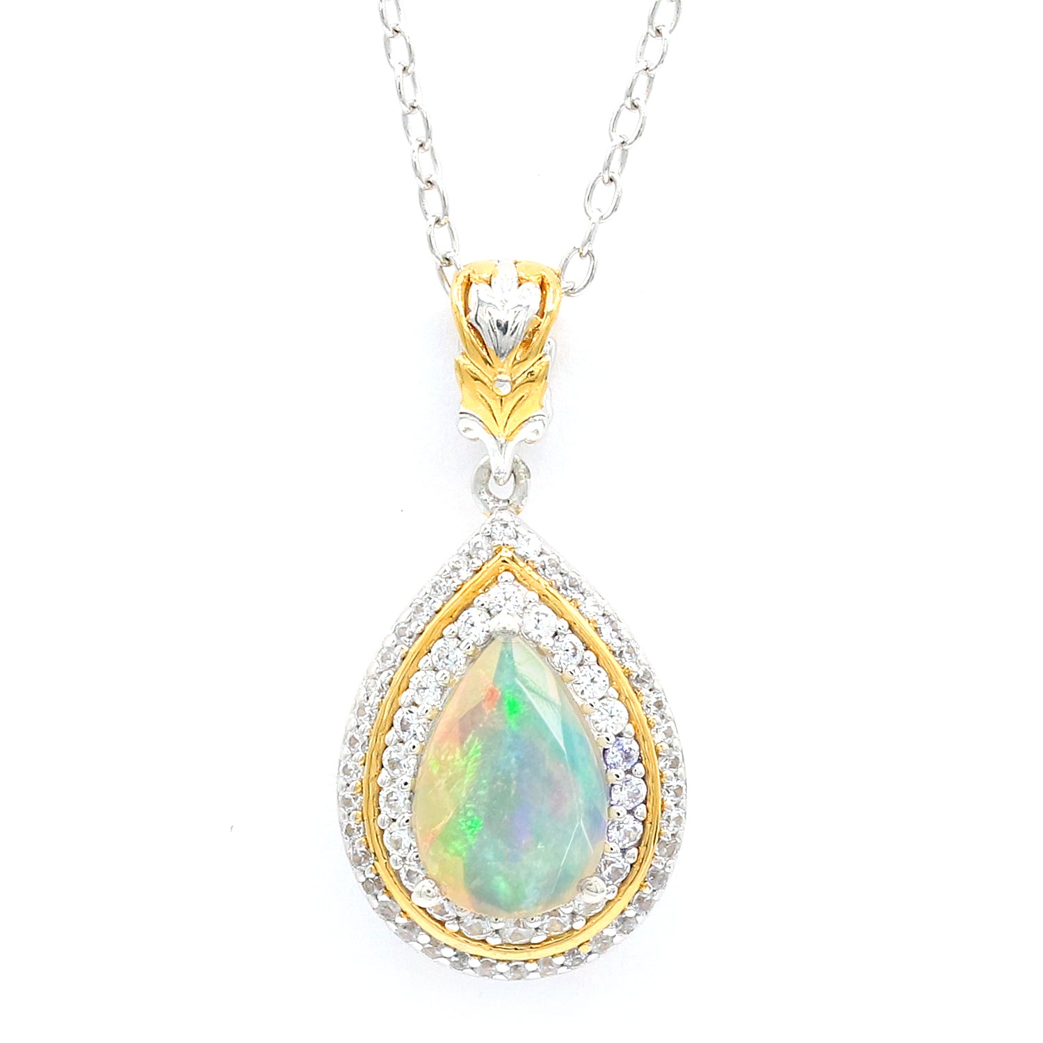 Gems en Vogue 4.70ctw Pear Shape Ethiopian Opal & White Zircon Pendant