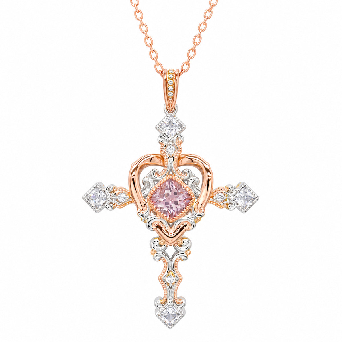 Gems en Vogue Pendentif halo 1,95 carats en morganite et zircons blancs en argent et palladium 18K
