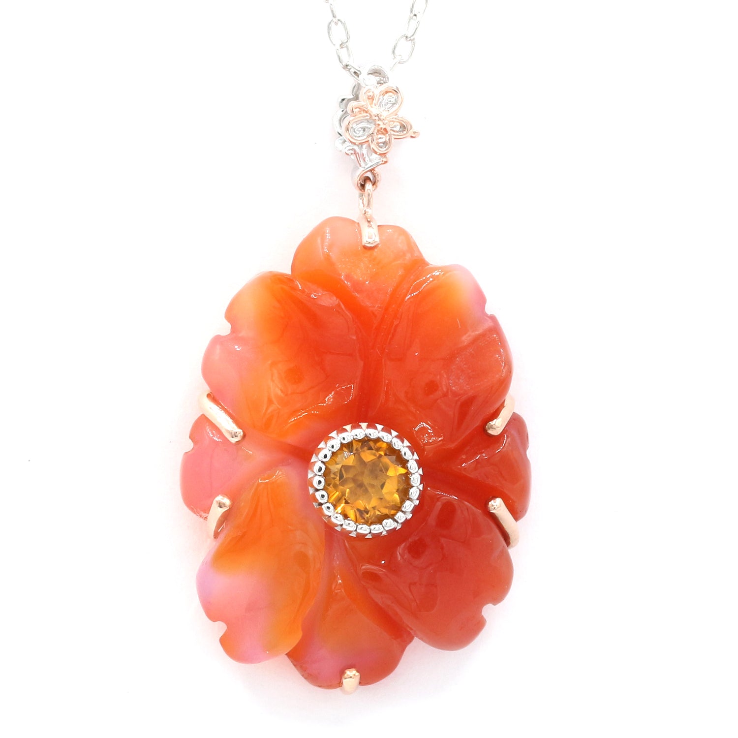 Gems en Vogue 0.75ctw Carved Red Agate Flower & Citrine Pendant