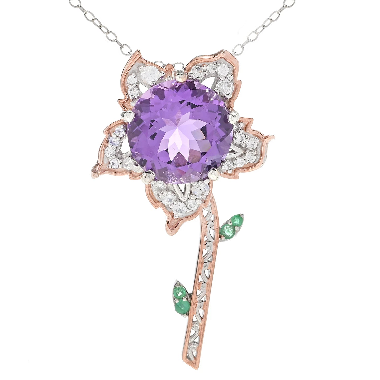 Gems en Vogue Royal Jewels 10.68ctw Pink Amethyst, White Zircon & Emerald "Jonquil" Flower Pendant