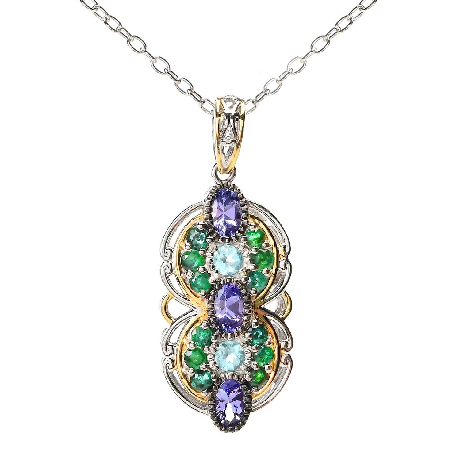 Gems en Vogue 1.71ctw Paraiba Apatite, Tanzanite & Grizzly Emerald Pendant