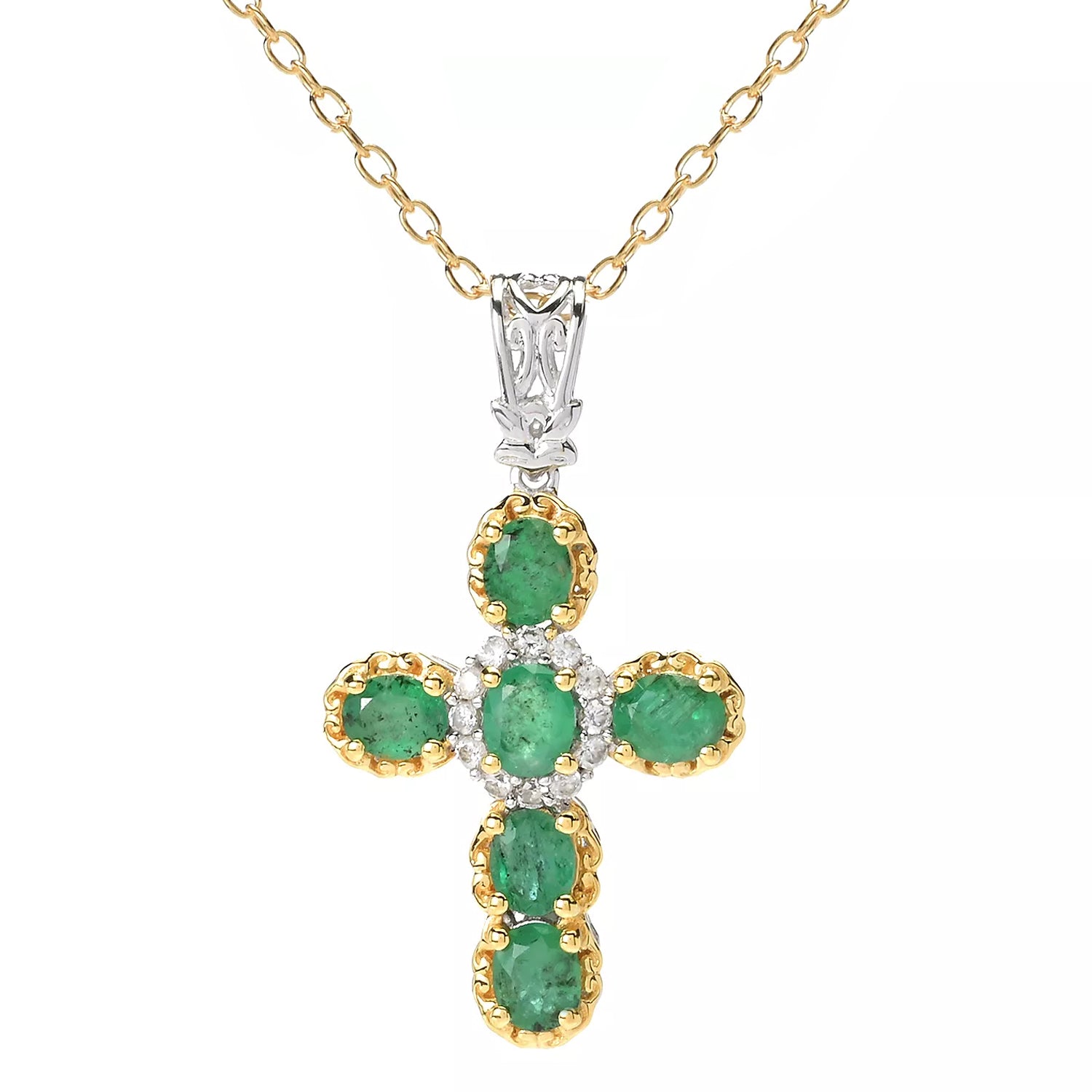 Gems en Vogue 2.11ctw Grizzly Emerald & White Zircon Cross Pendant