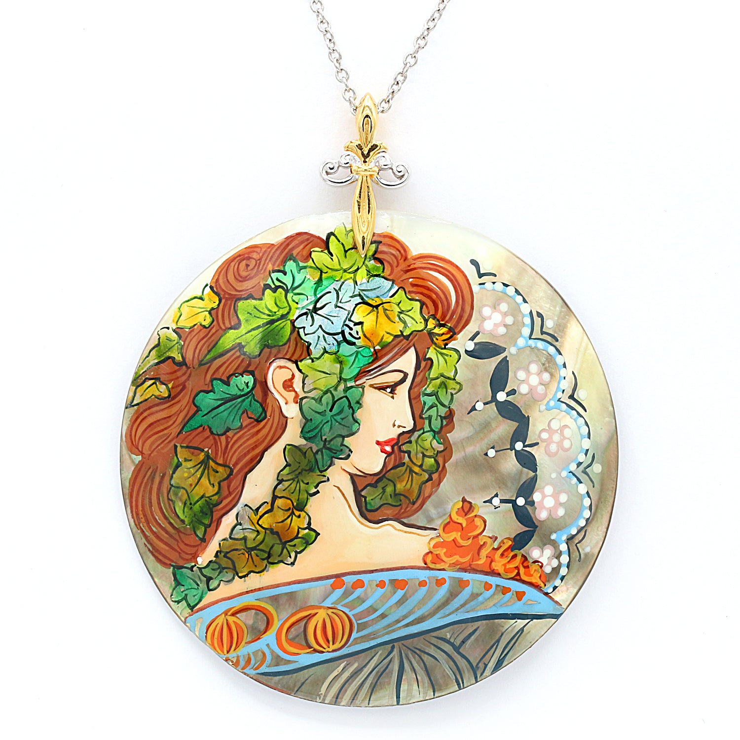 Gems en Vogue Hand Painted Shell Alphonse Mucha Pendant