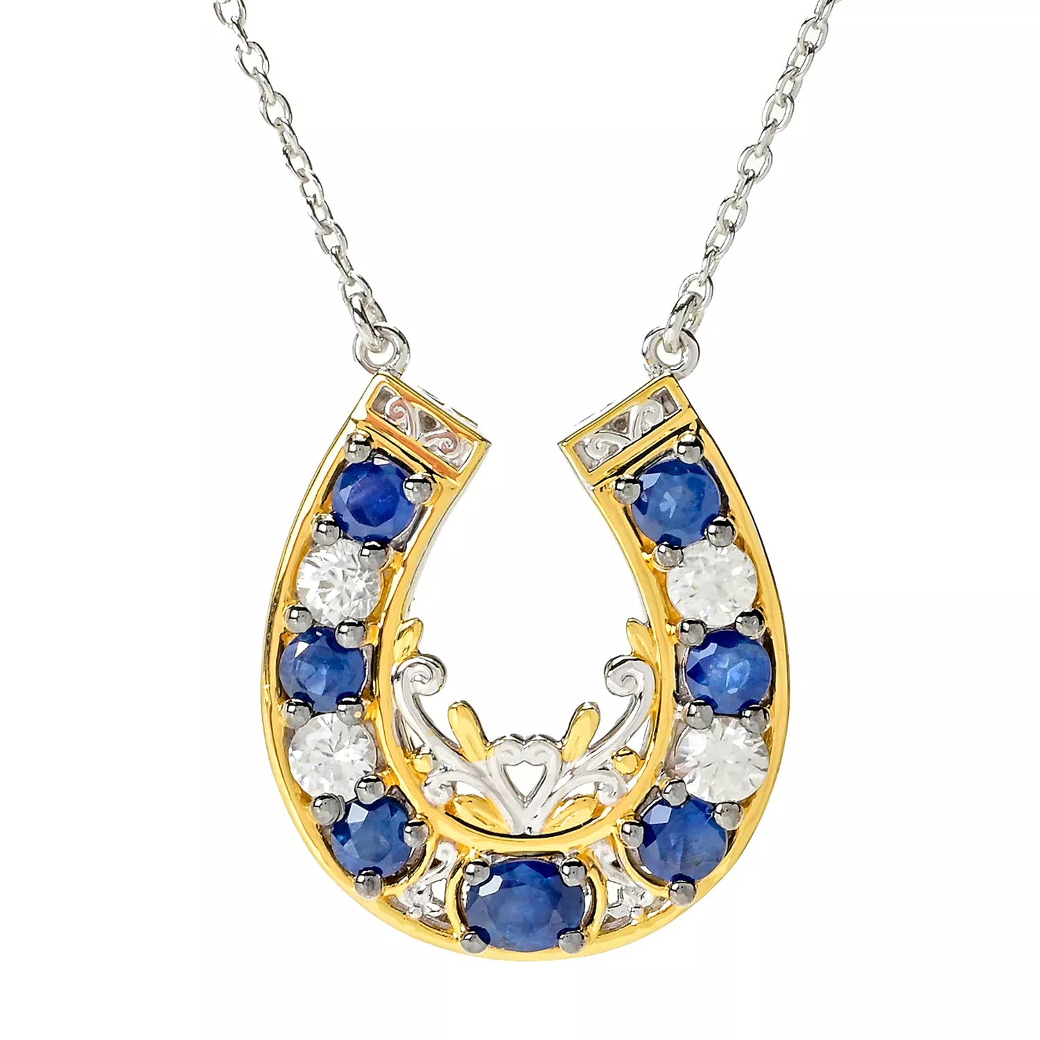 Gems en Vogue 2.98ctw Royal Blue Sapphire & White Zircon Horseshoe Pendant
