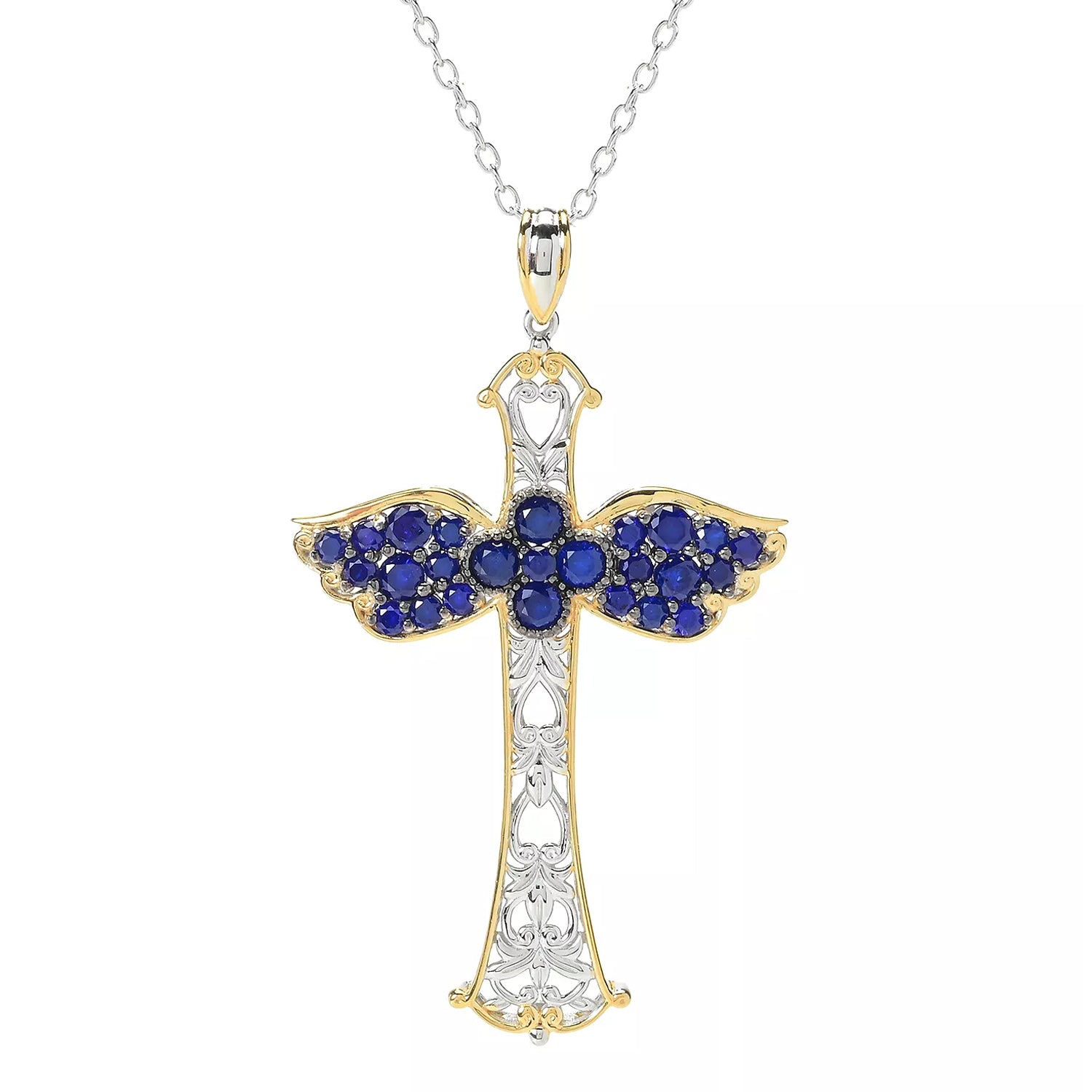 Gems en Vogue 2.34ctw Cobalt Blue Spinel Angel Wing Cross Pendant