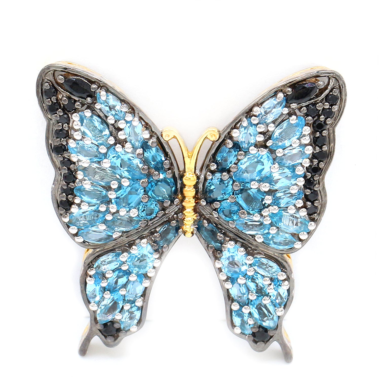 Gems en Vogue 6.09ctw Multi Blue Topaz & Black Spinel Butterfly Brooch