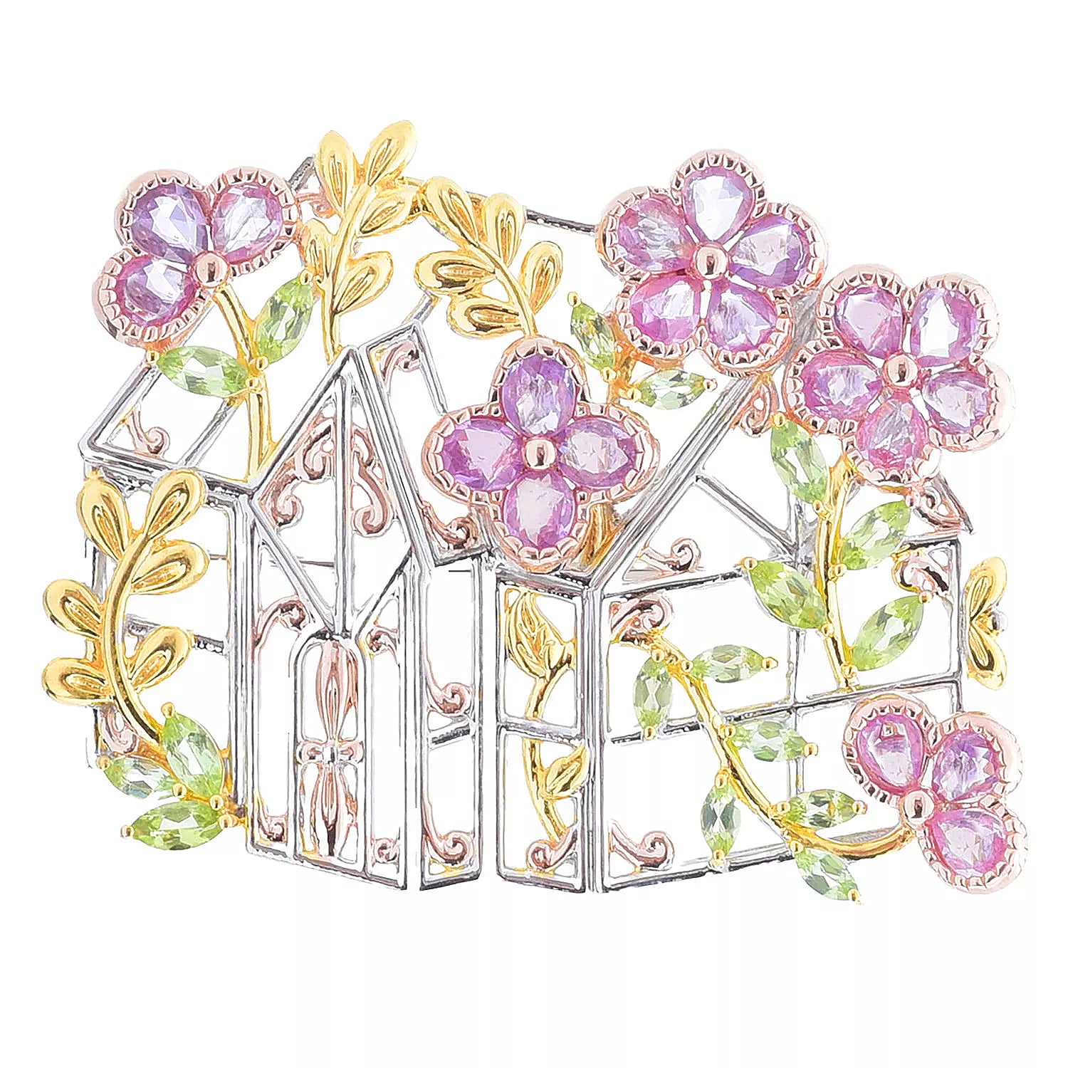 Gems en Vogue 6.01ctw Pink Sapphire & Peridot Greenhouse Brooch