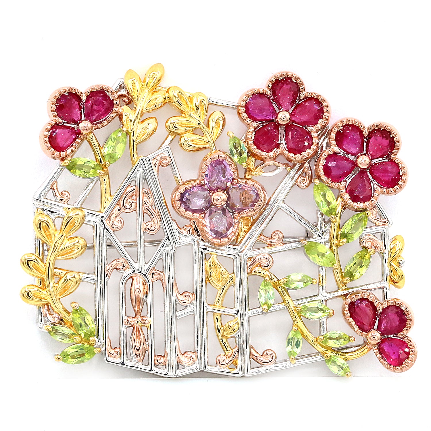 Gems en Vogue 6.34ctw Ruby, Pink Sapphire & Peridot Greenhouse Brooch