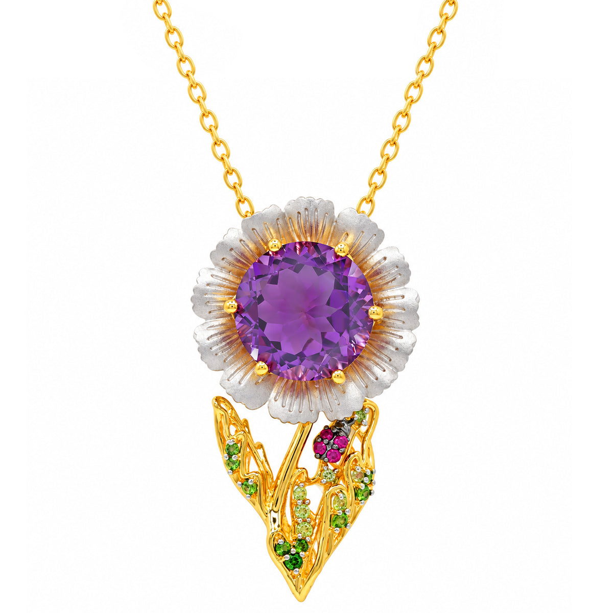 Gems en Vogue One-of-a-Kind 10.65ctw Brazilian Amethyst & Multi Gemstones Flower & Lady Bug Pendant