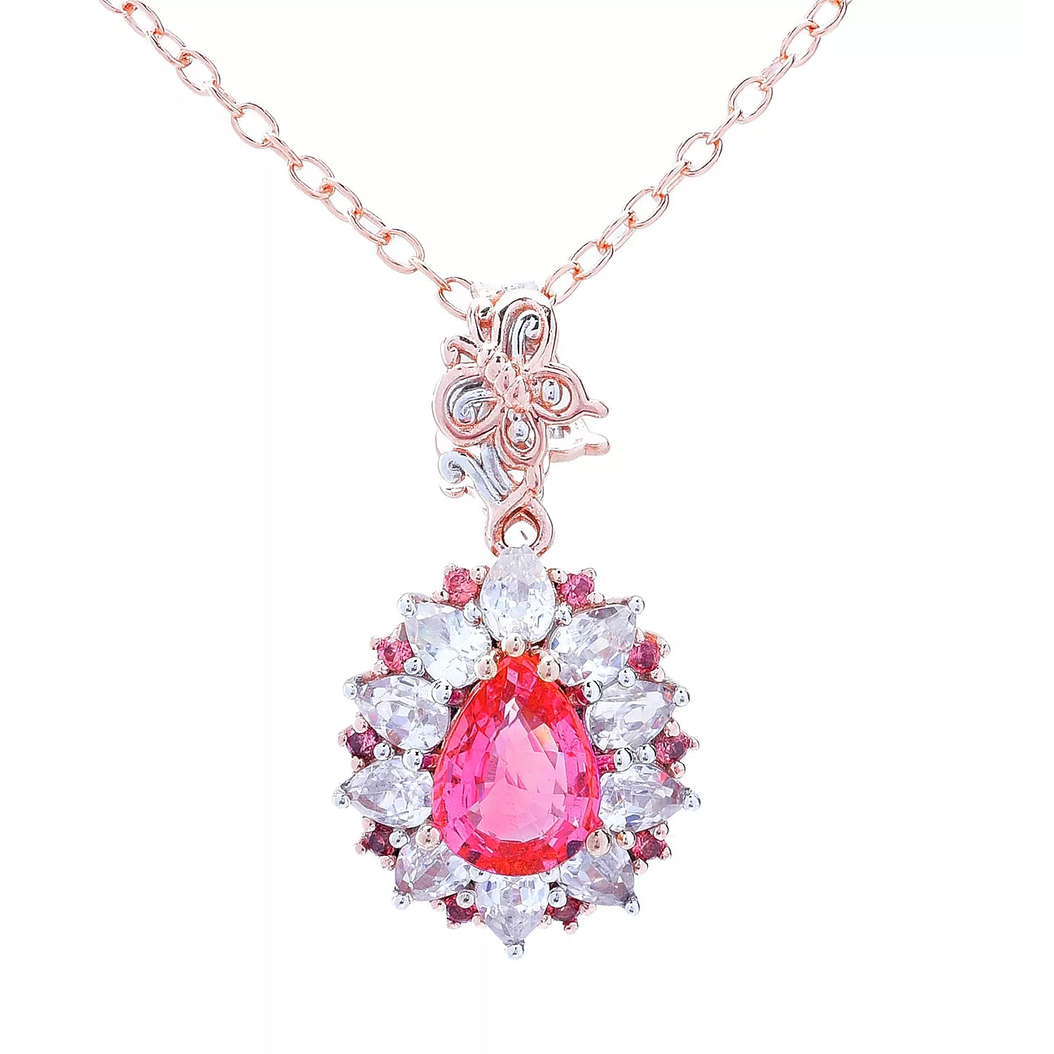 Gems en Vogue Luxe 4.43ctw Pear Shape Padparadscha Sapphire & White Zircon Butterfly Pendant