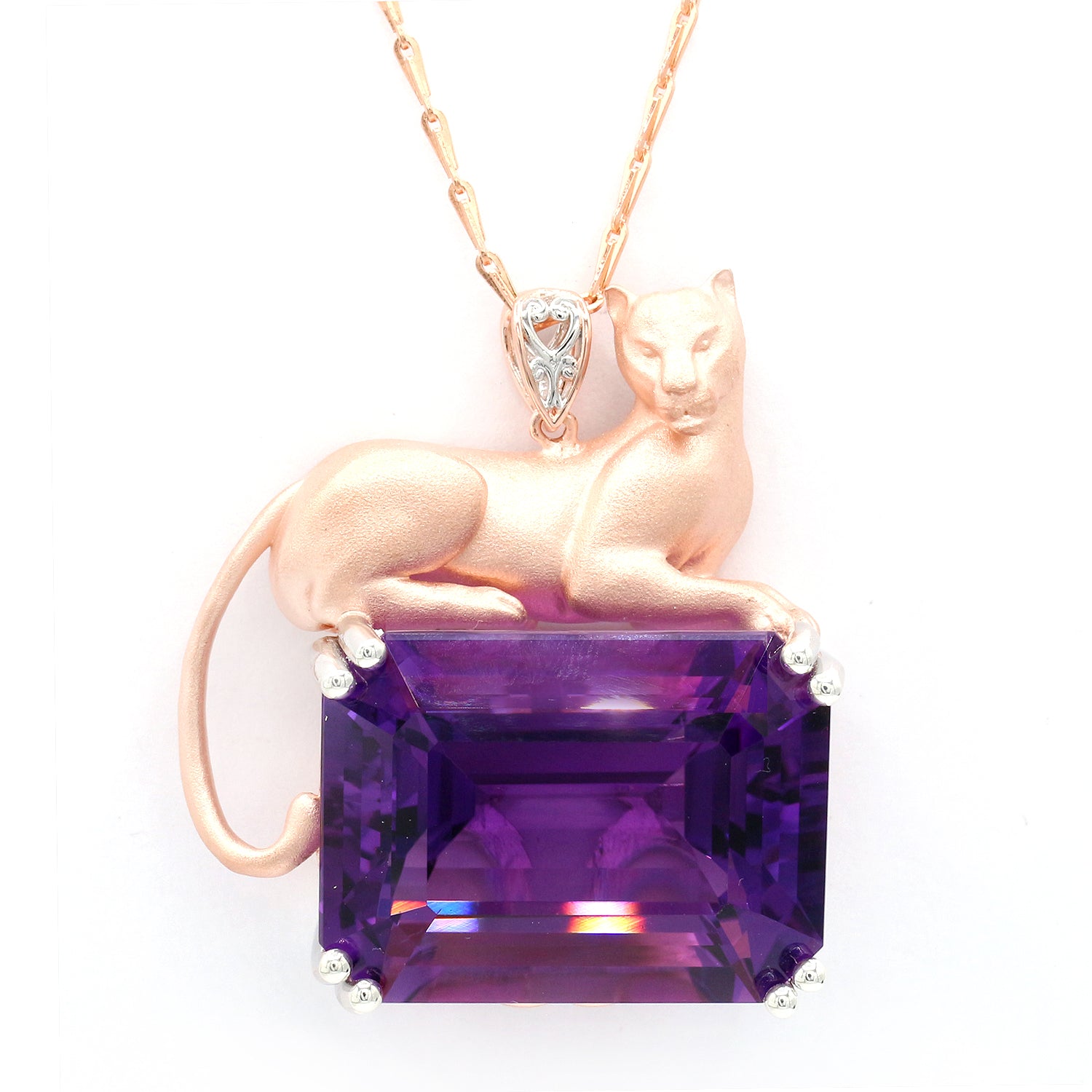 Limited Edition Gems en Vogue One-of-a-kind 62.36ctw Namibian Amethyst Panther Honker Pendant