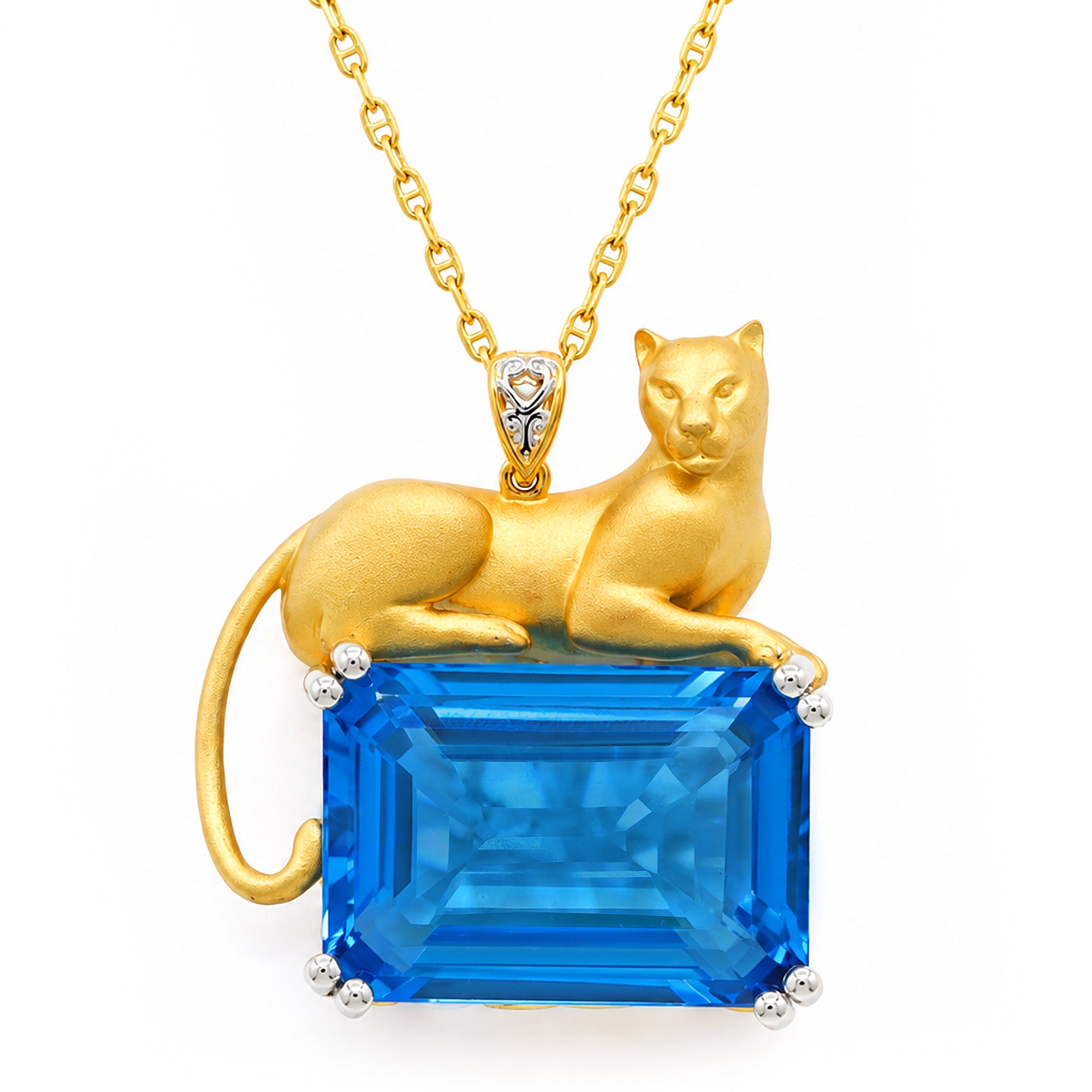 Couture Gems One-of-Kind 24K Palladium Silver 56.30ctw Kashmir Blue Topaz Panther Pendant