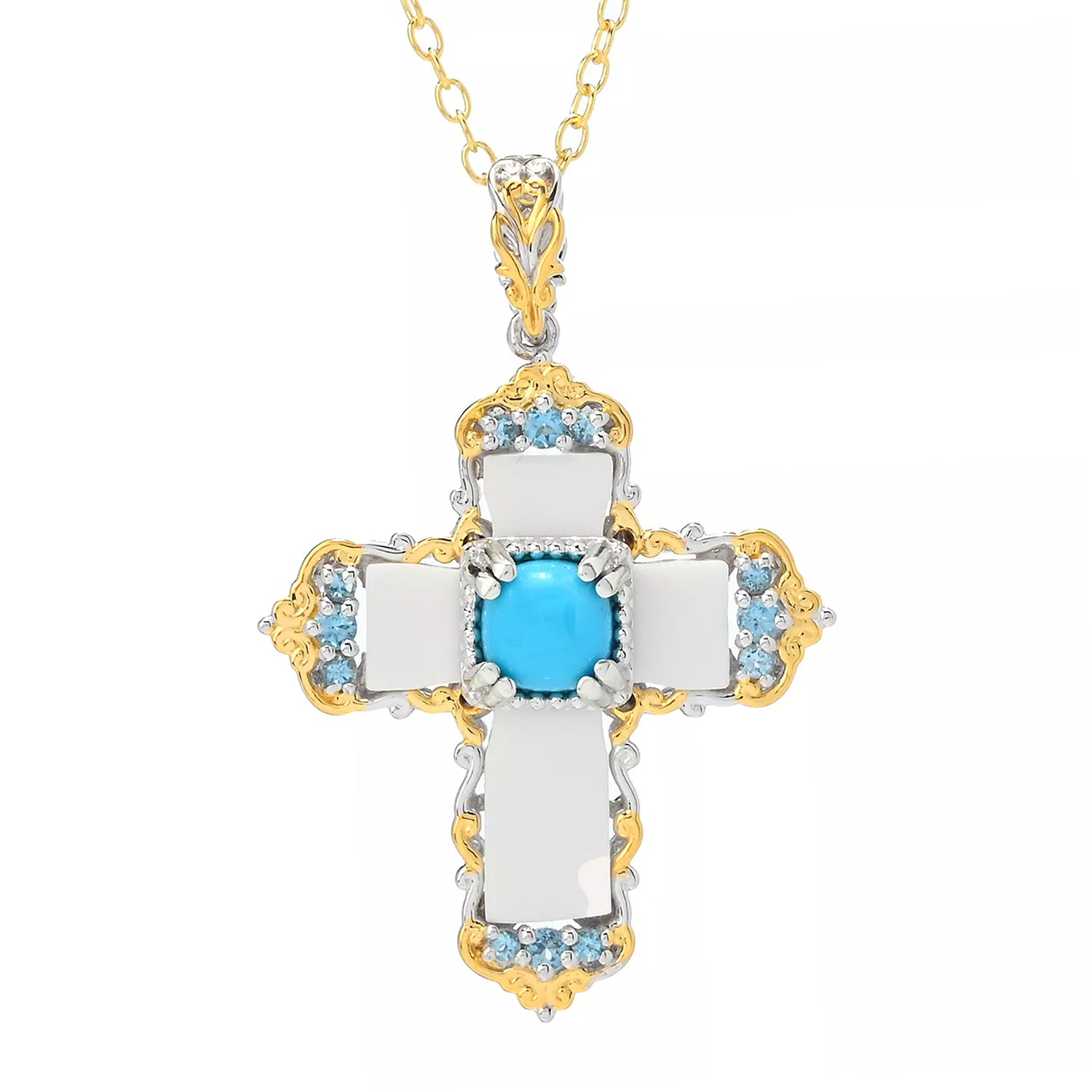 Gems en Vogue Sleeping Beauty Turquoise, White Agate & Blue Topaz Cross Pendant