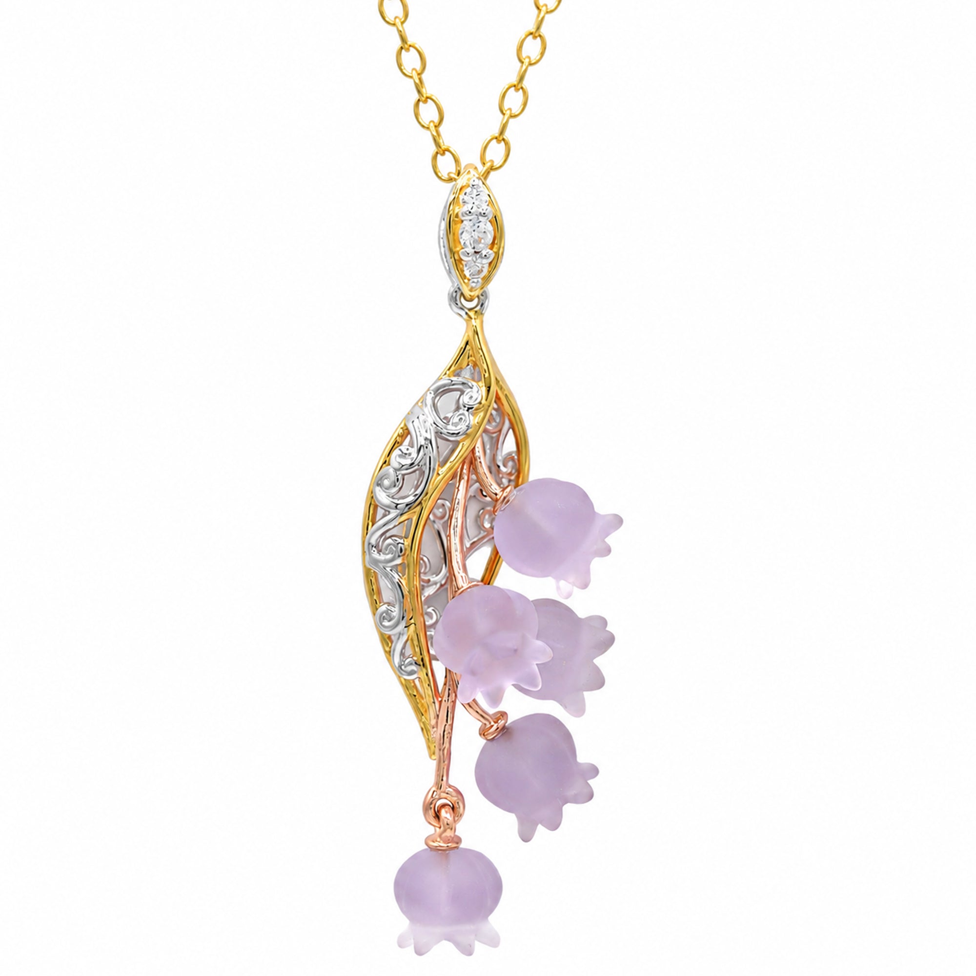 Gems en Vogue 24K Palladium Silver Amethyst & White Zircon Lily of the Valley Flower Pendant
