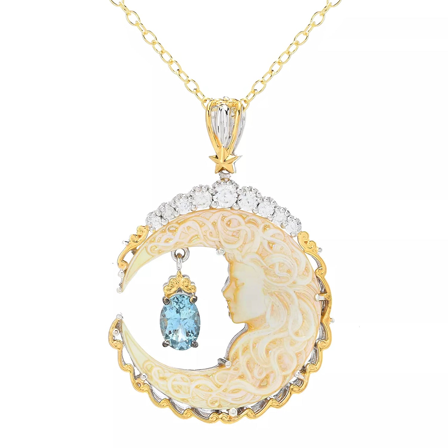 Gems en Vogue Mother-of-Pearl, Aquamarine & White Zircon Lady & Moon Pendant