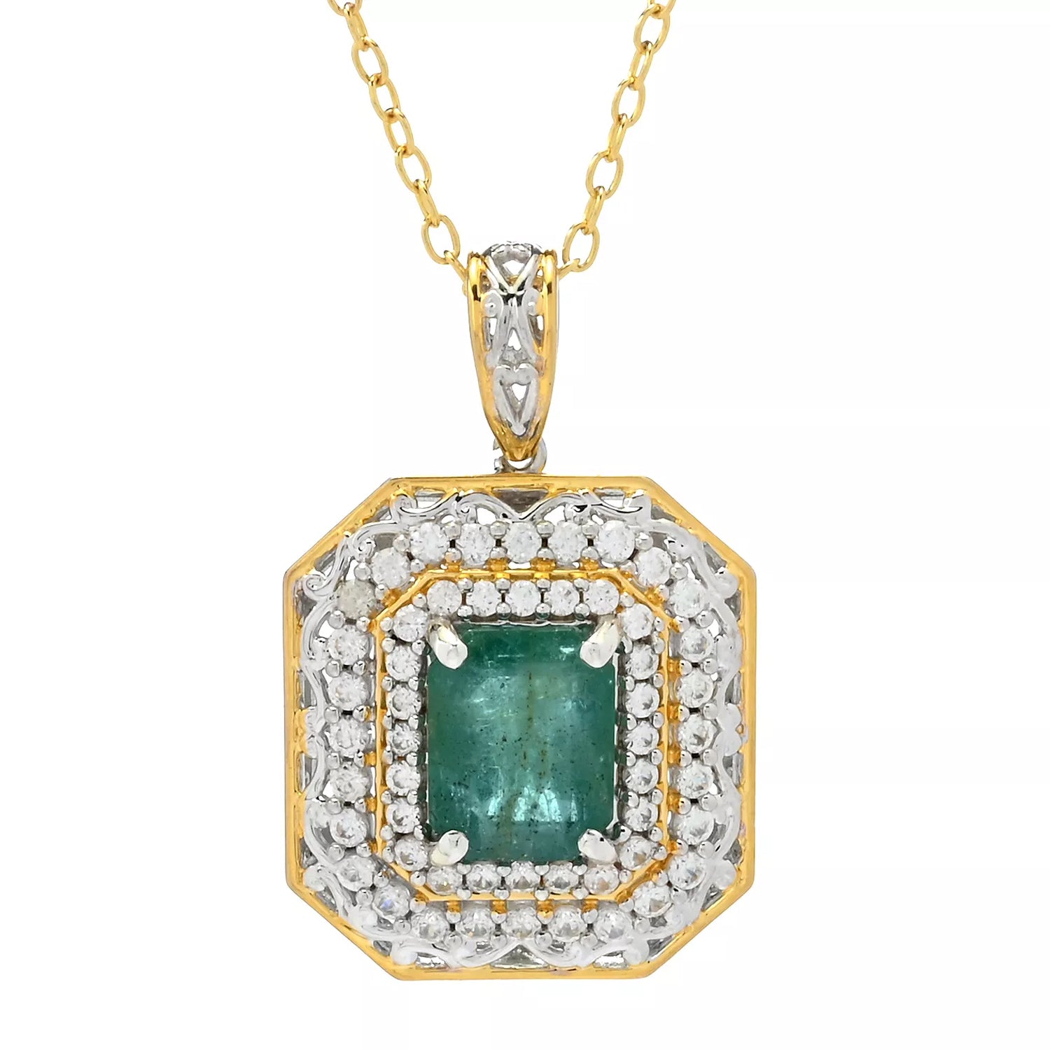 Gems en Vogue 4.58ctw Grizzly Emerald & White Zircon Halo Pendant