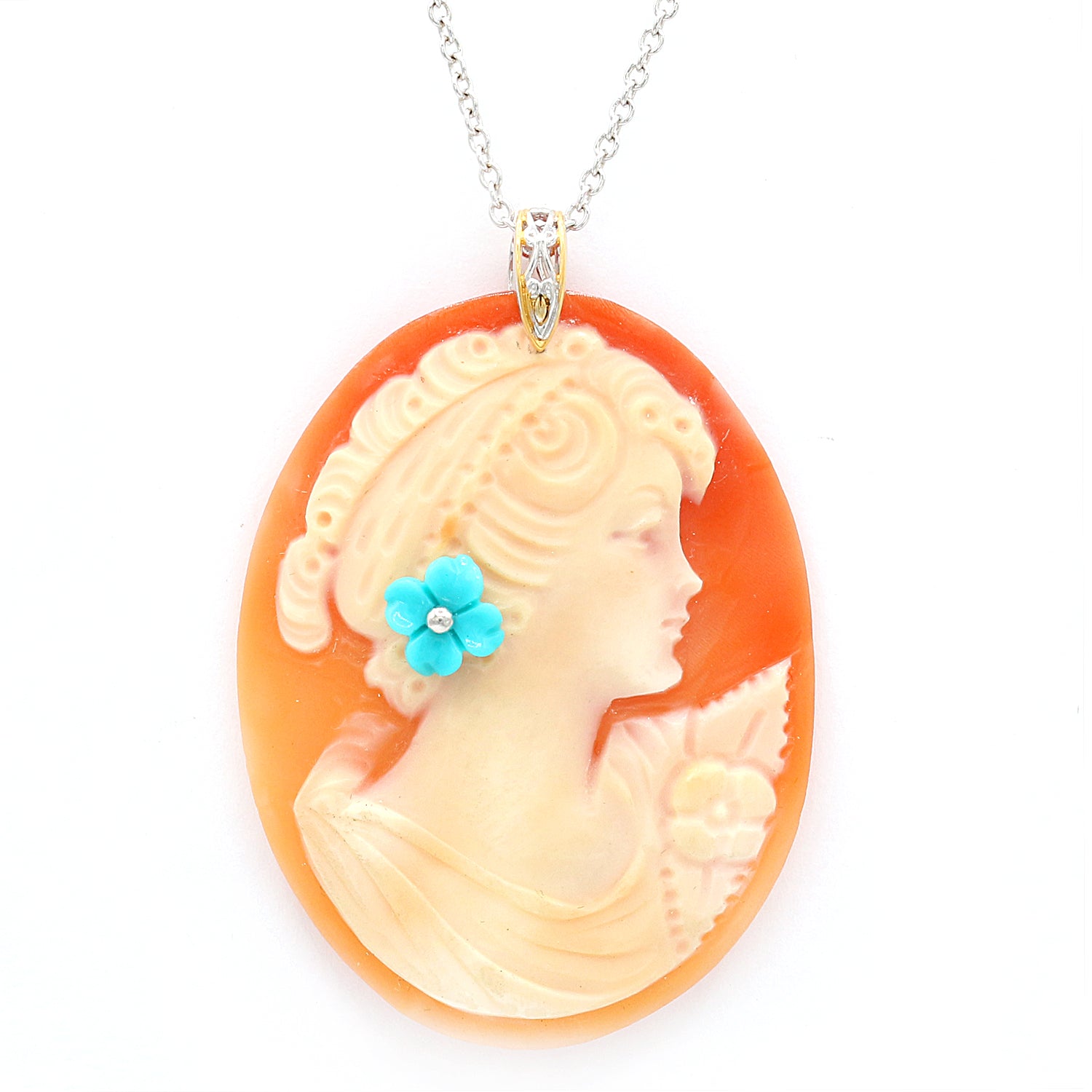 Gems en Vogue One-of-a-Kind Carved Cameo & Sleeping Beauty Turquoise Lady & Flower Pendant