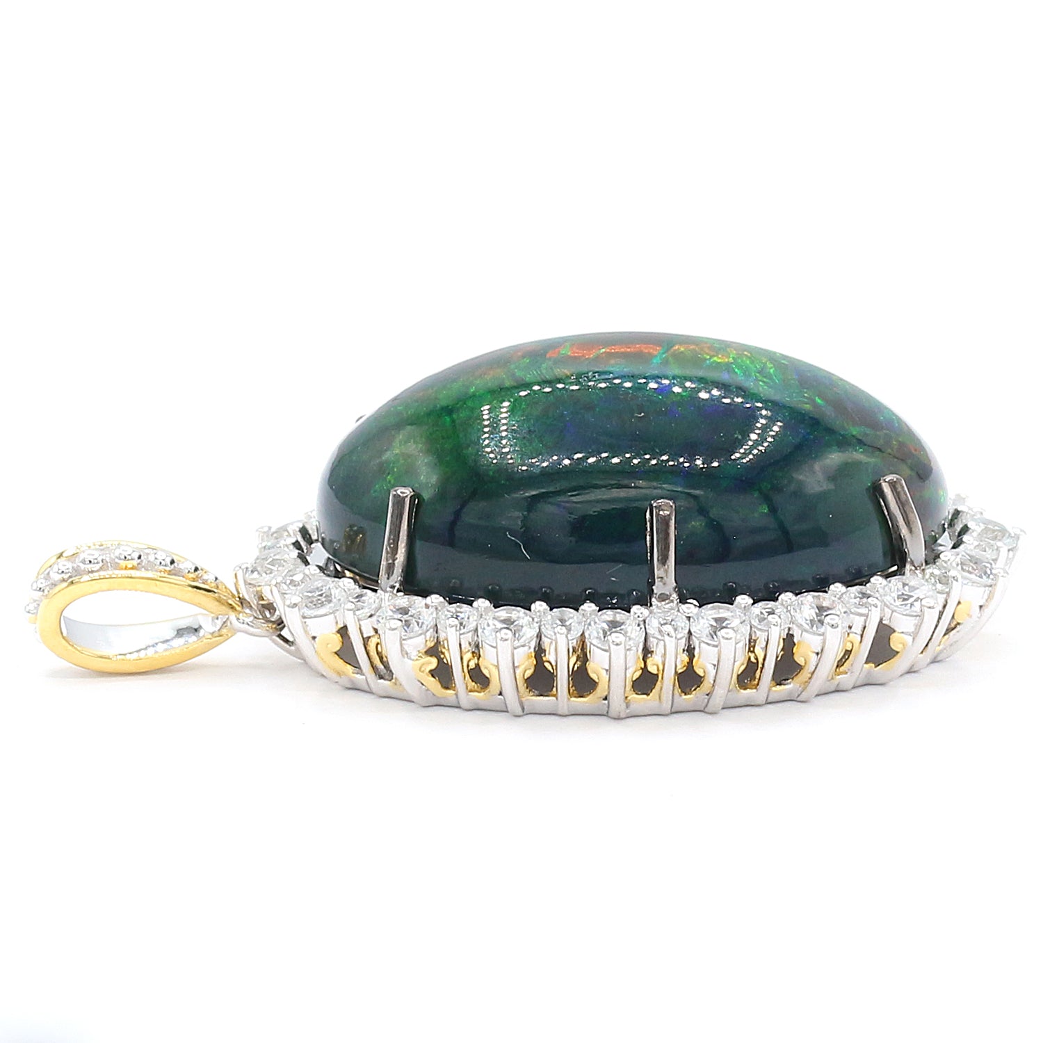 Limited Edition Gems en Vogue Luxe, One-of-a-Kind 24.18ctw Black Ethiopian Opal & White Zircon Halo Pendant